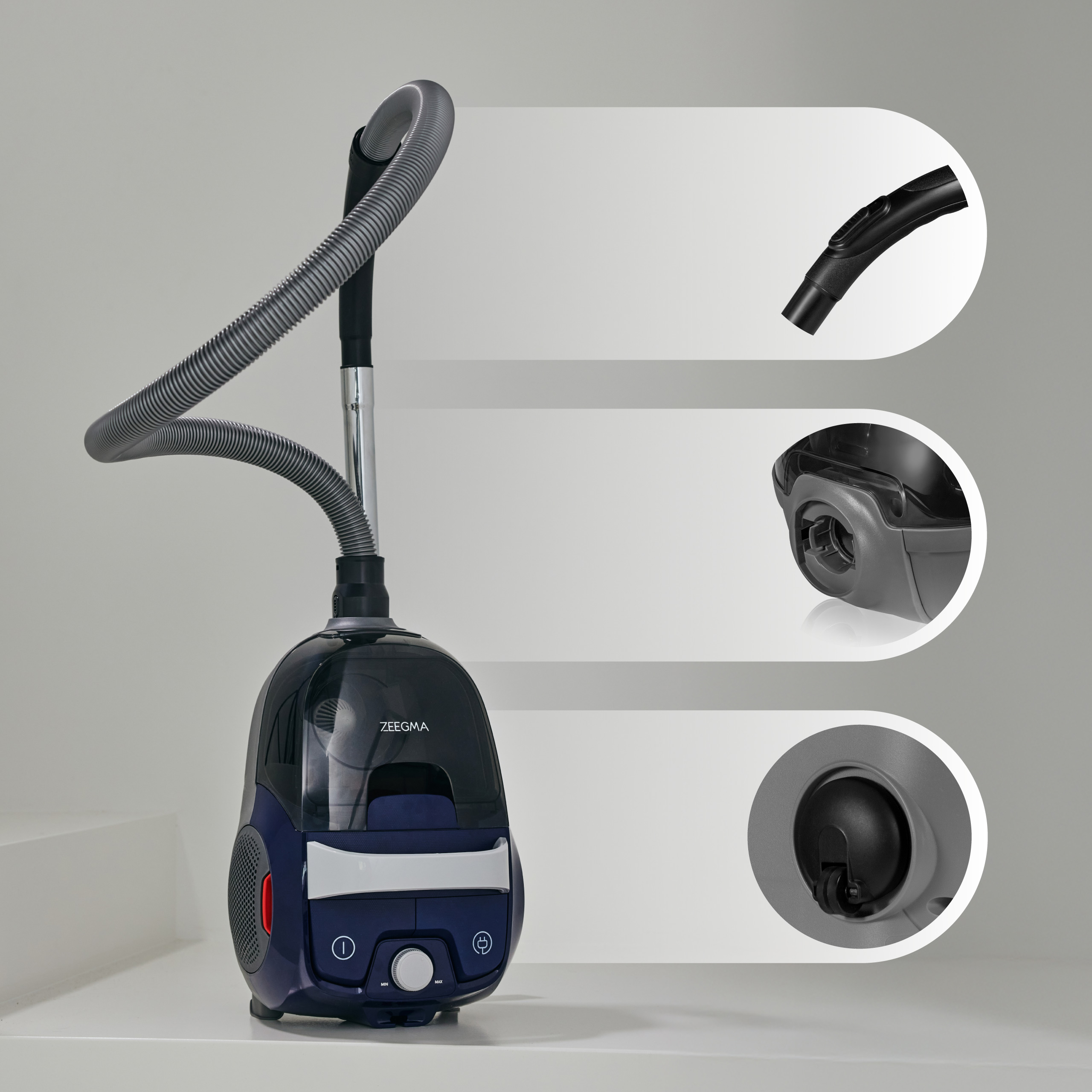 Niebieski odkurzacz ze szczegółami węża, dyszy i koła.