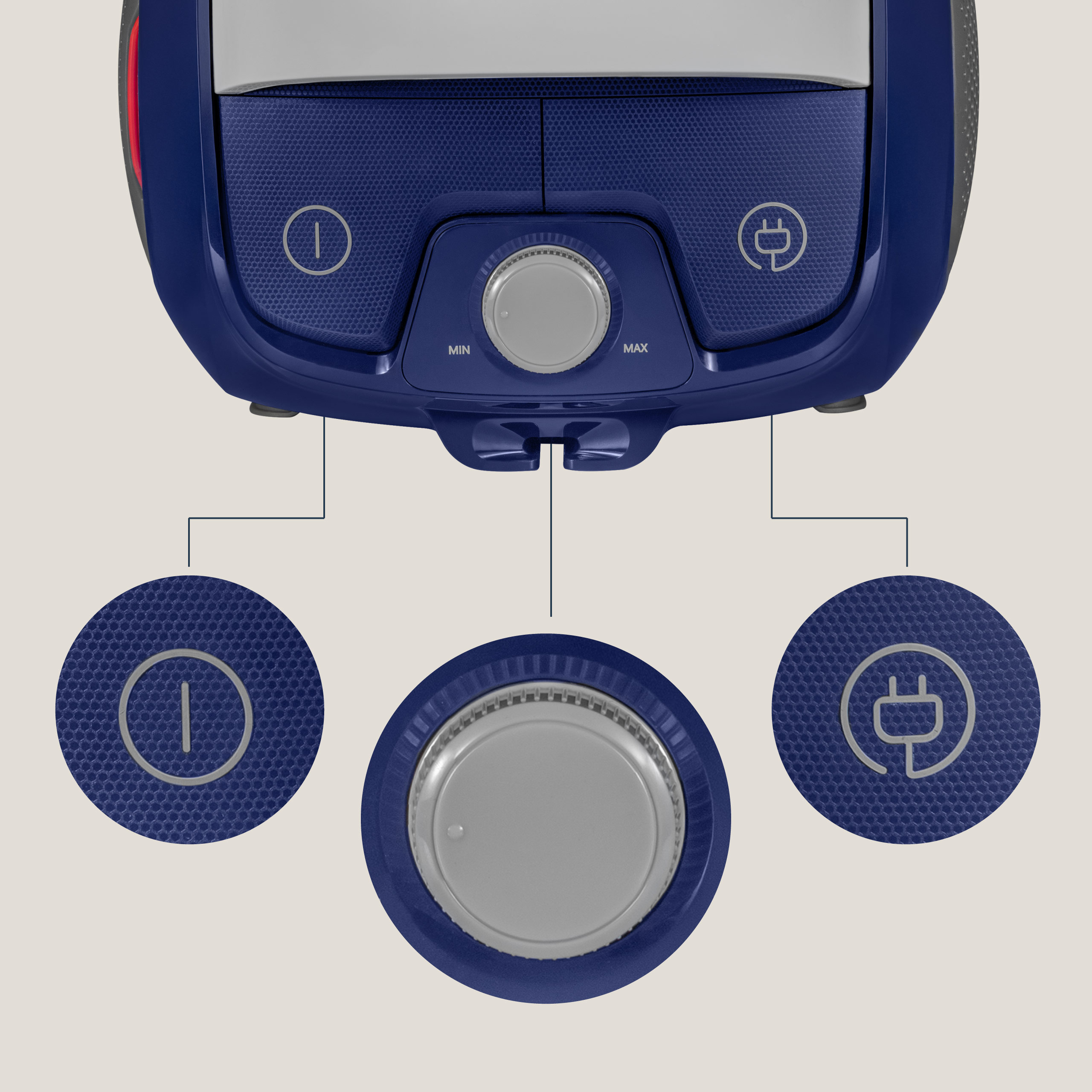 Odkurzacz z trzema przyciskami sterowania. Przyciski służą do włączania, min/max i ikony wtyczki.