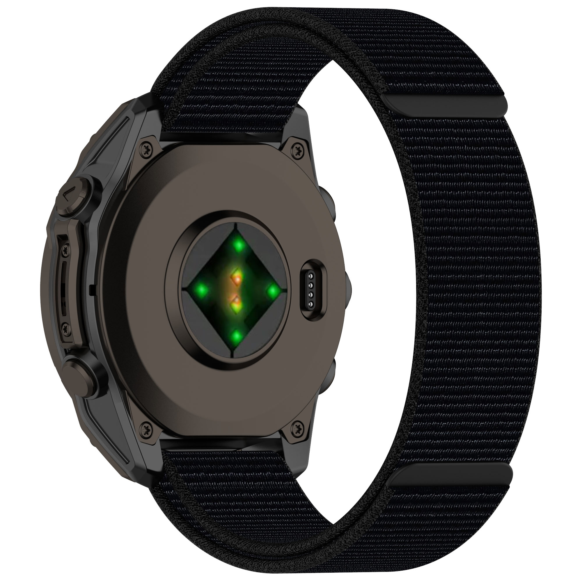 Schwarze Smartwatch mit schwarzem Armband. Grüne Sensorlichter sichtbar. Schwarze Uhr. Weißer Hintergrund.