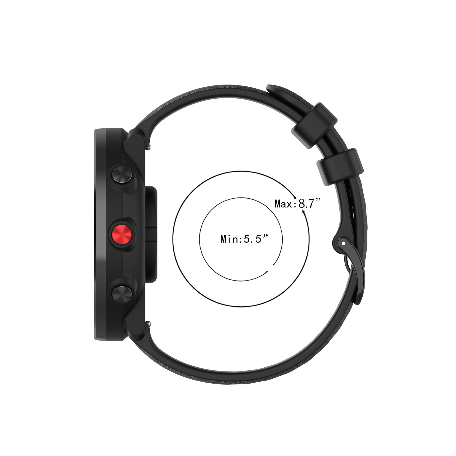 Eine schwarze Smartwatch mit roter Taste und schwarzem Armband. Der Text zeigt die Handgelenkgröße.