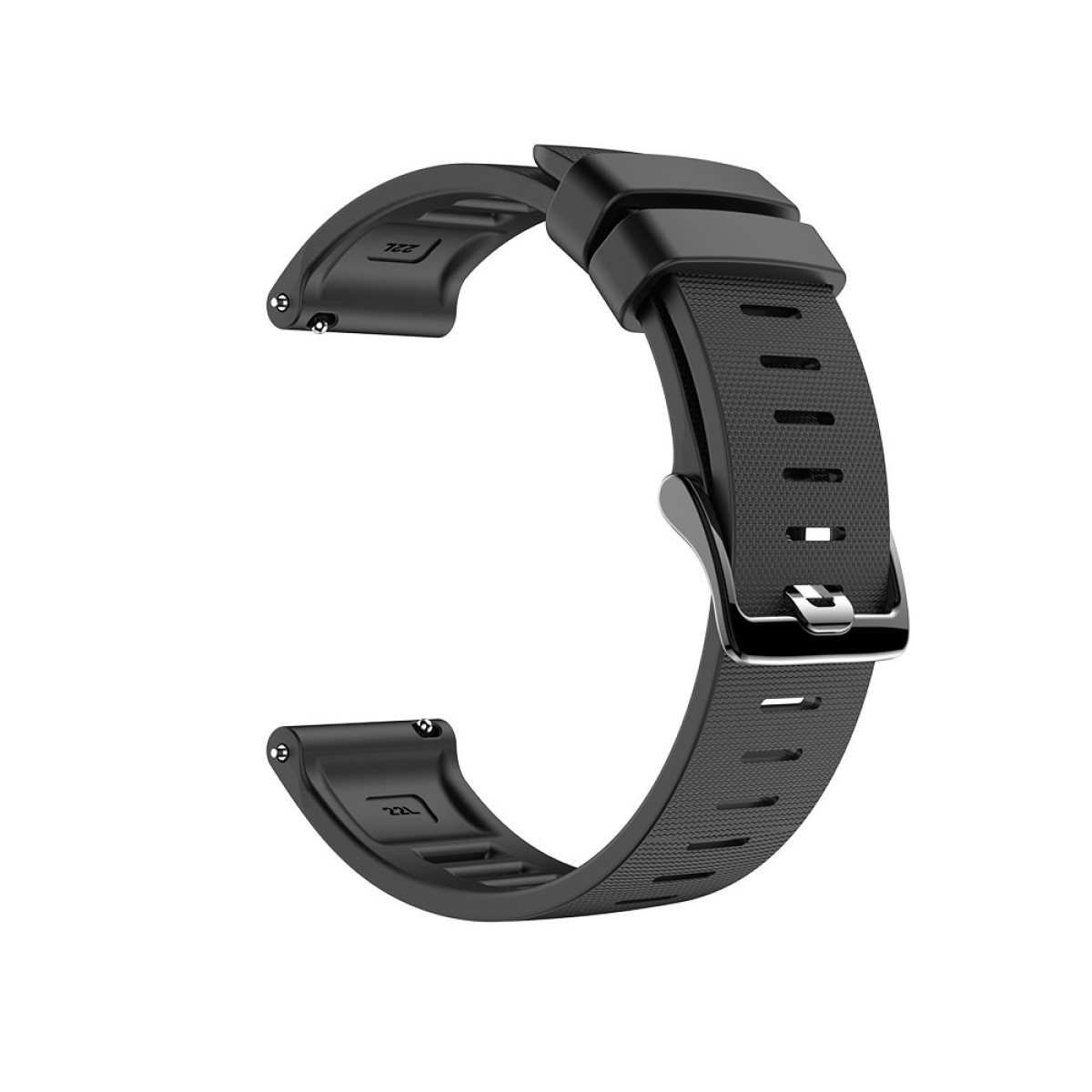 Schwarzes Armband mit silberner Schnalle, auf weißem Hintergrund.