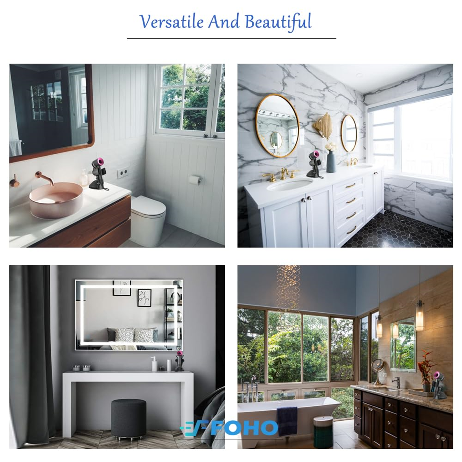 Vier Bilder, die verschiedene Badezimmer-Setups zeigen, jedes mit unterschiedlicher Ästhetik und Design.