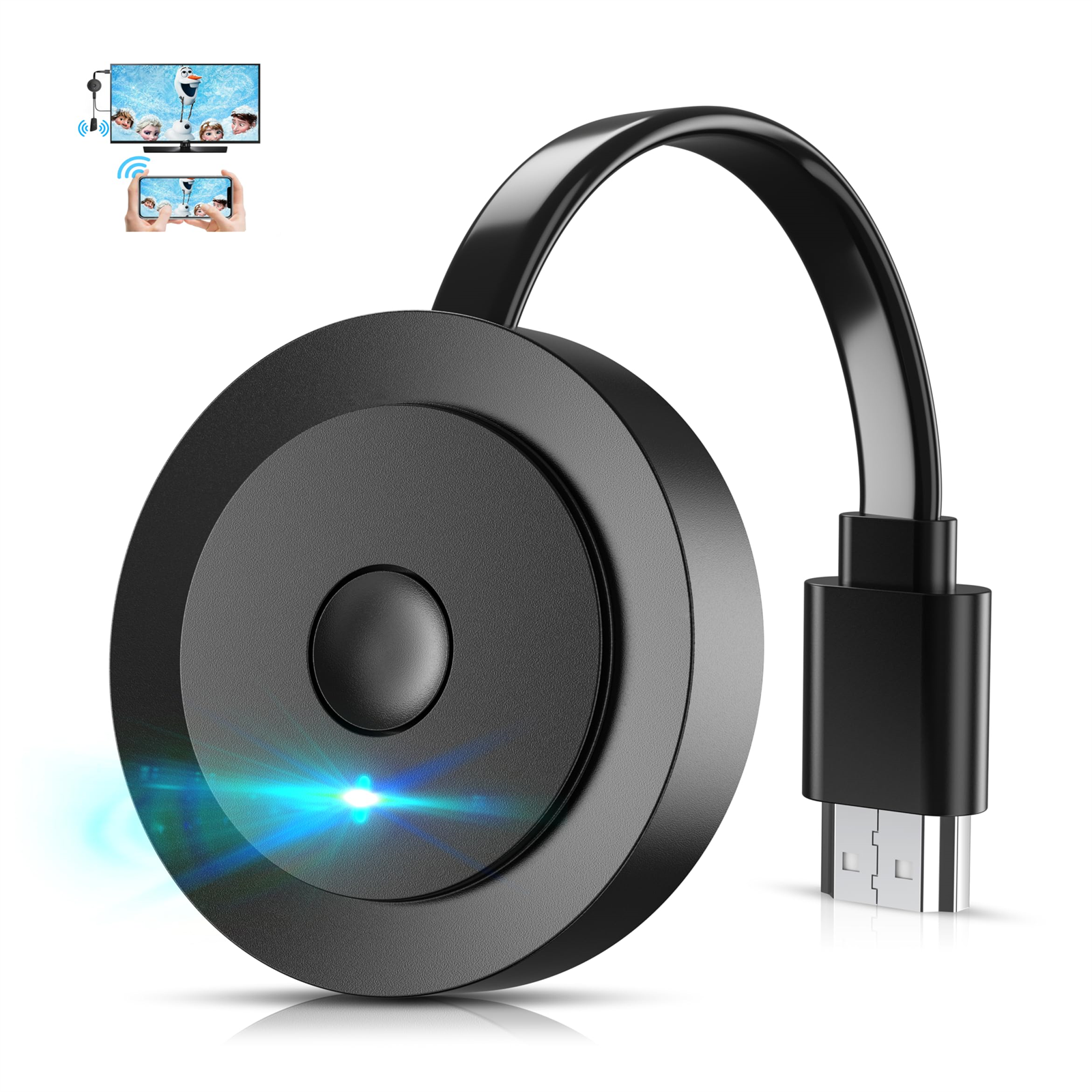 Schwarzes Gerät mit USB-Kabel. Es ist mit einem Telefon verbunden. Weißer Hintergrund.