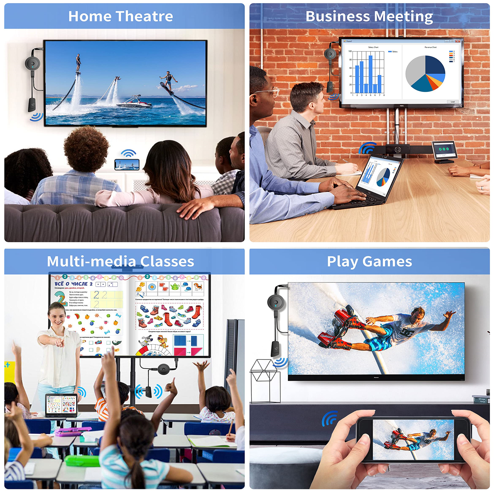Vier Szenen: Heimkino, Geschäftstreffen, Multimedia-Kurse und Spiele spielen. Displays und Personen.