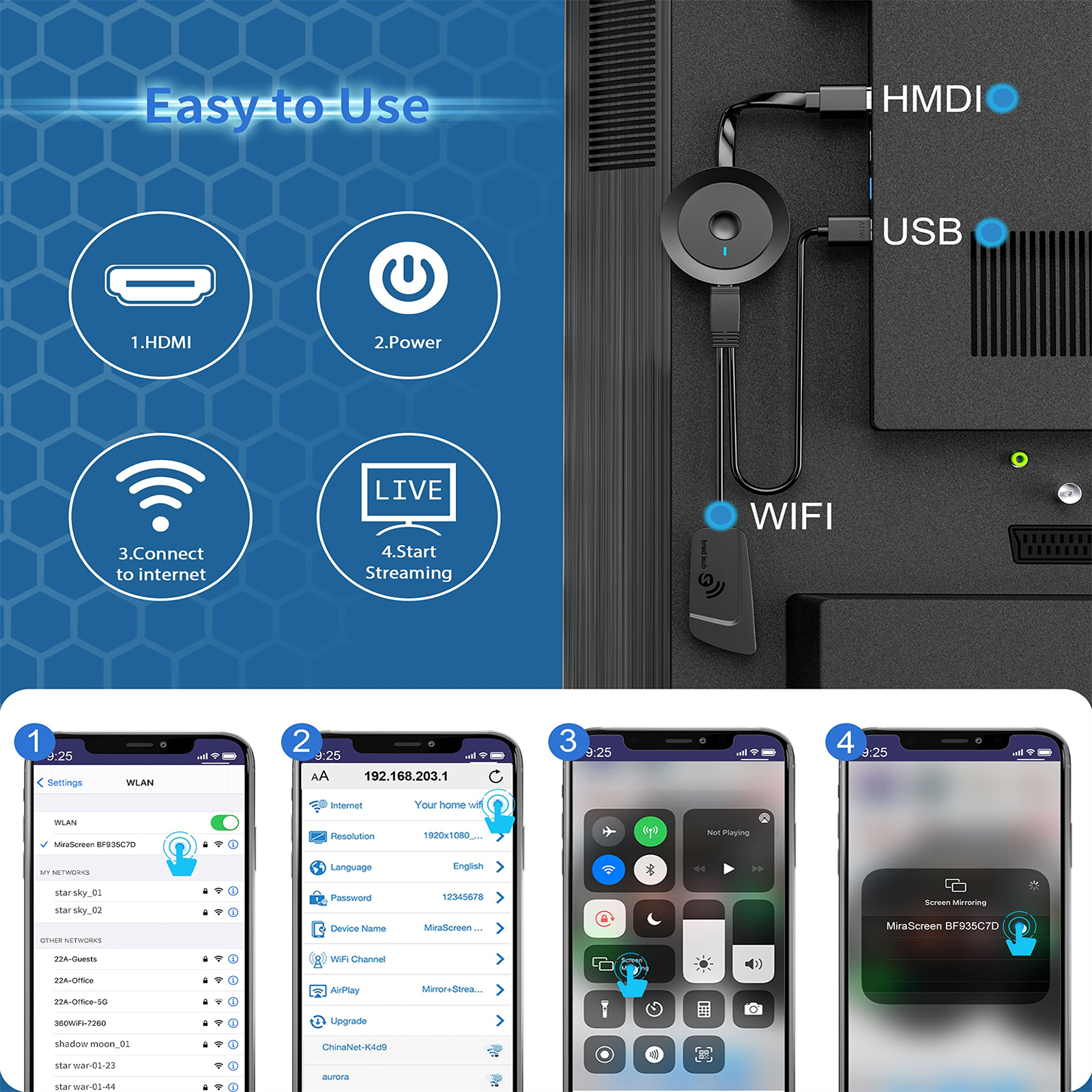 Ein Diagramm, das ein Streaming-Gerät zeigt. Details umfassen HDMI, Strom, WLAN und die Nutzung einer Telefon-App.