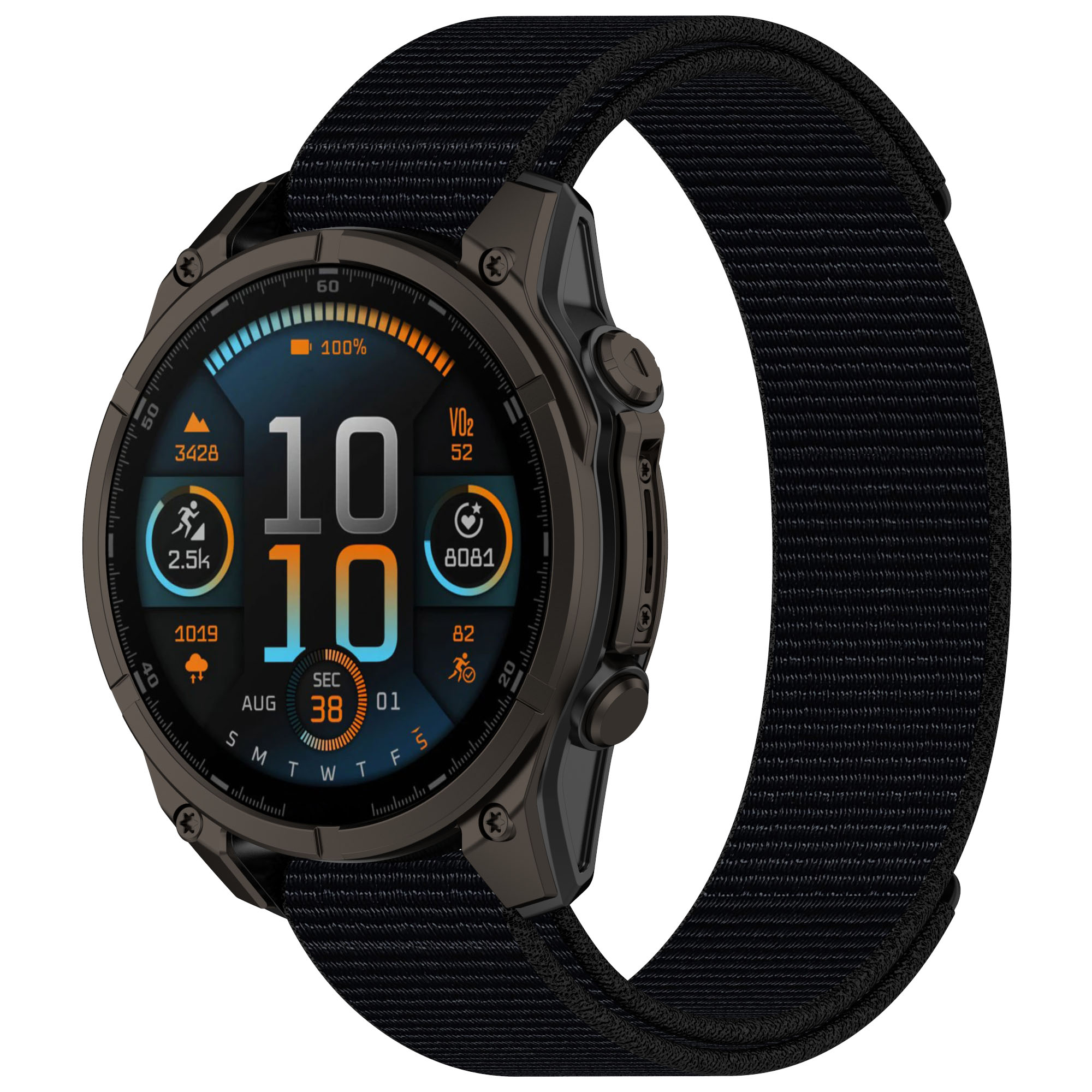 Schwarze Smartwatch mit schwarzem Armband, zeigt Daten auf dem Bildschirm. Die Uhr liegt auf weißem Untergrund.