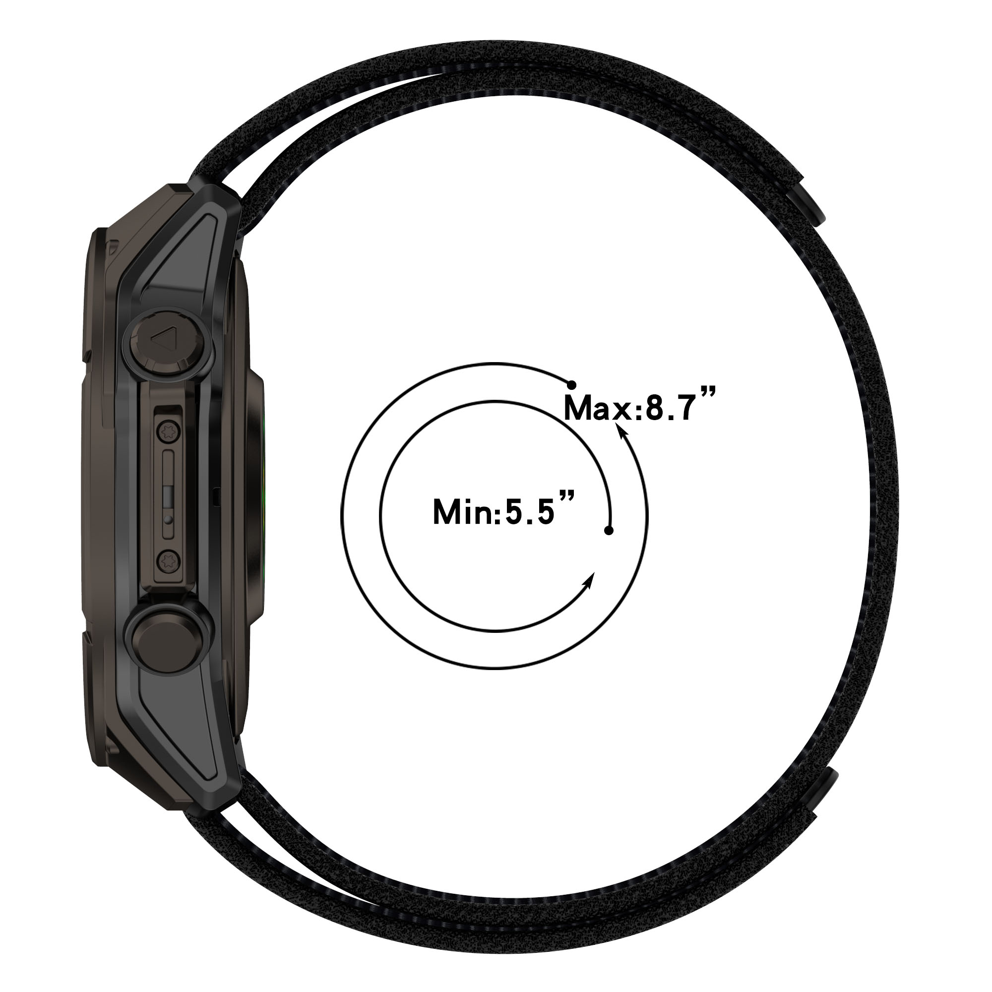 Eine Smartwatch im Profil wird gezeigt. Das Armband ist schwarz. Der Bildschirm ist schwarz. Maße sind in Zoll angegeben.