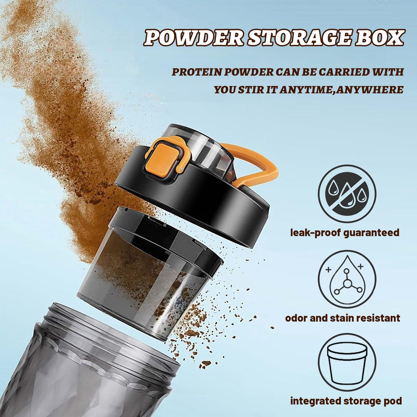 Eine Protein-Pulver-Aufbewahrungsbox mit Text und Illustrationen zu ihren Funktionen auf weißem Hintergrund.