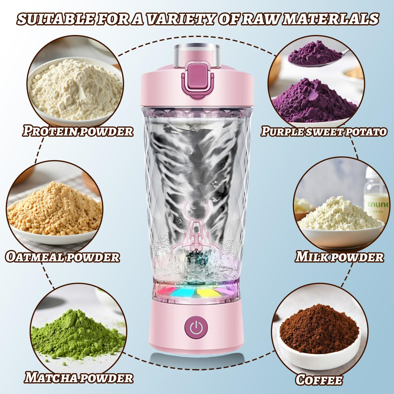 Pinker Shaker mit Zutaten und hellblauem Hintergrund. Verschiedene Pulver.