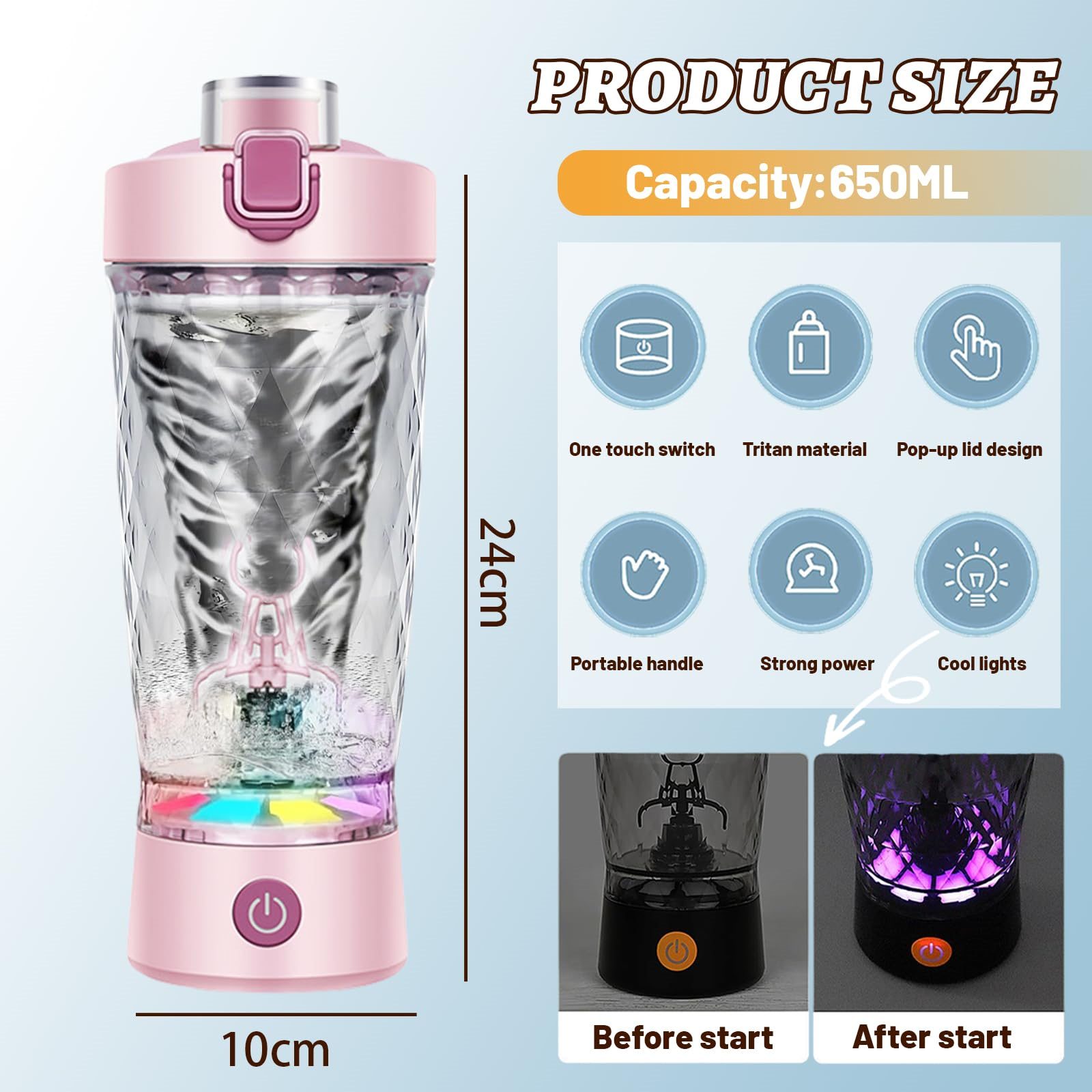 Rosa-silberner Shaker mit Abmessungen und Symbolen. Er hat einen rosa Knopf und LED-Leuchten.