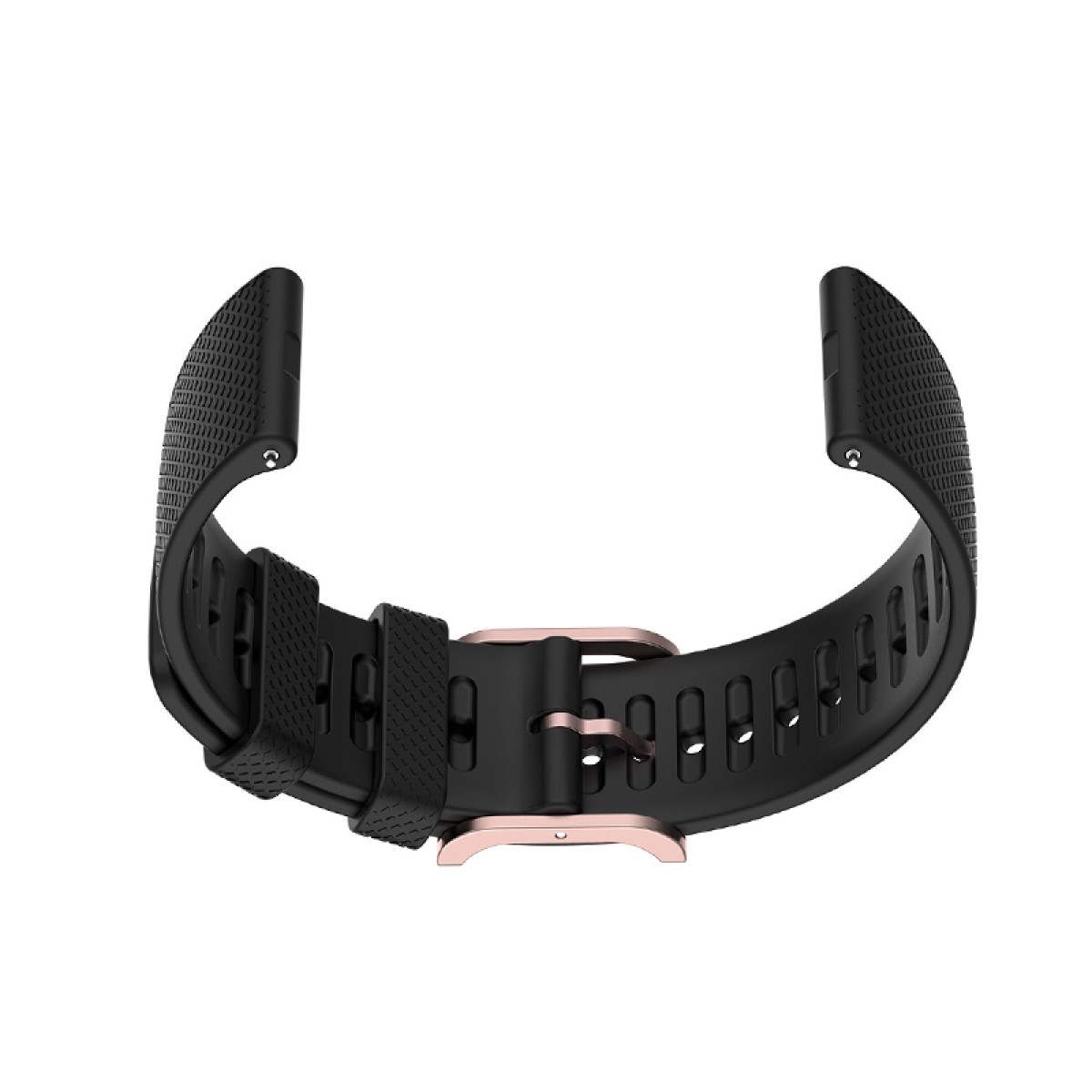Ein schwarzes Uhrenarmband mit einer roségoldenen Schnalle, das die Textur und Designdetails des Bands zeigt.