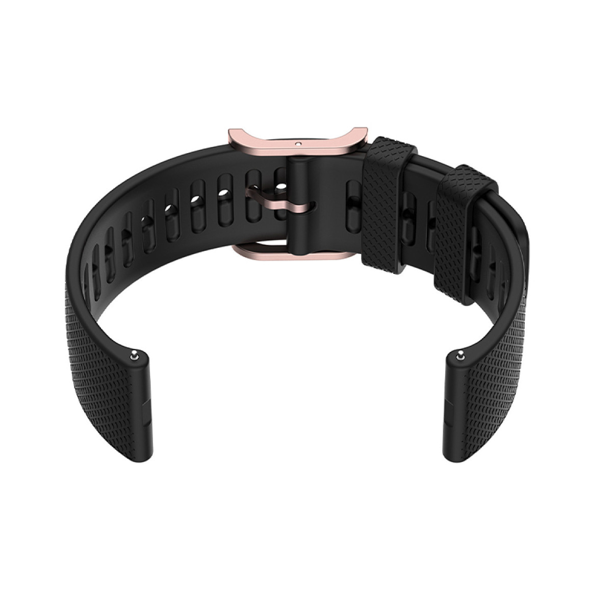 Schwarzes Uhrenarmband mit roségoldener Schnalle, Nahaufnahme, weißer Hintergrund.