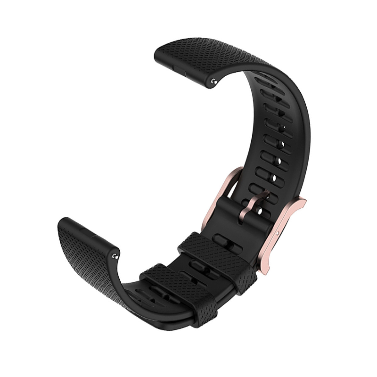 Schwarzes Uhrenarmband mit roségoldener Schnalle. Das Band hat eine strukturierte Oberfläche.