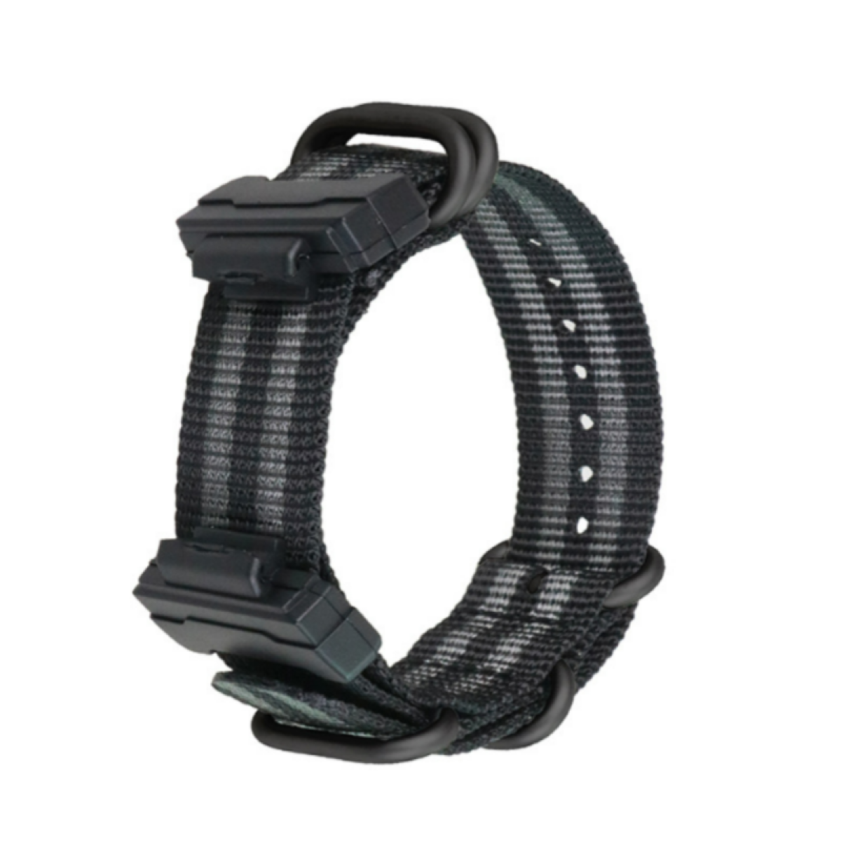 Ein schwarz-grau gestreiftes Uhrenarmband mit sicherem Verschluss.