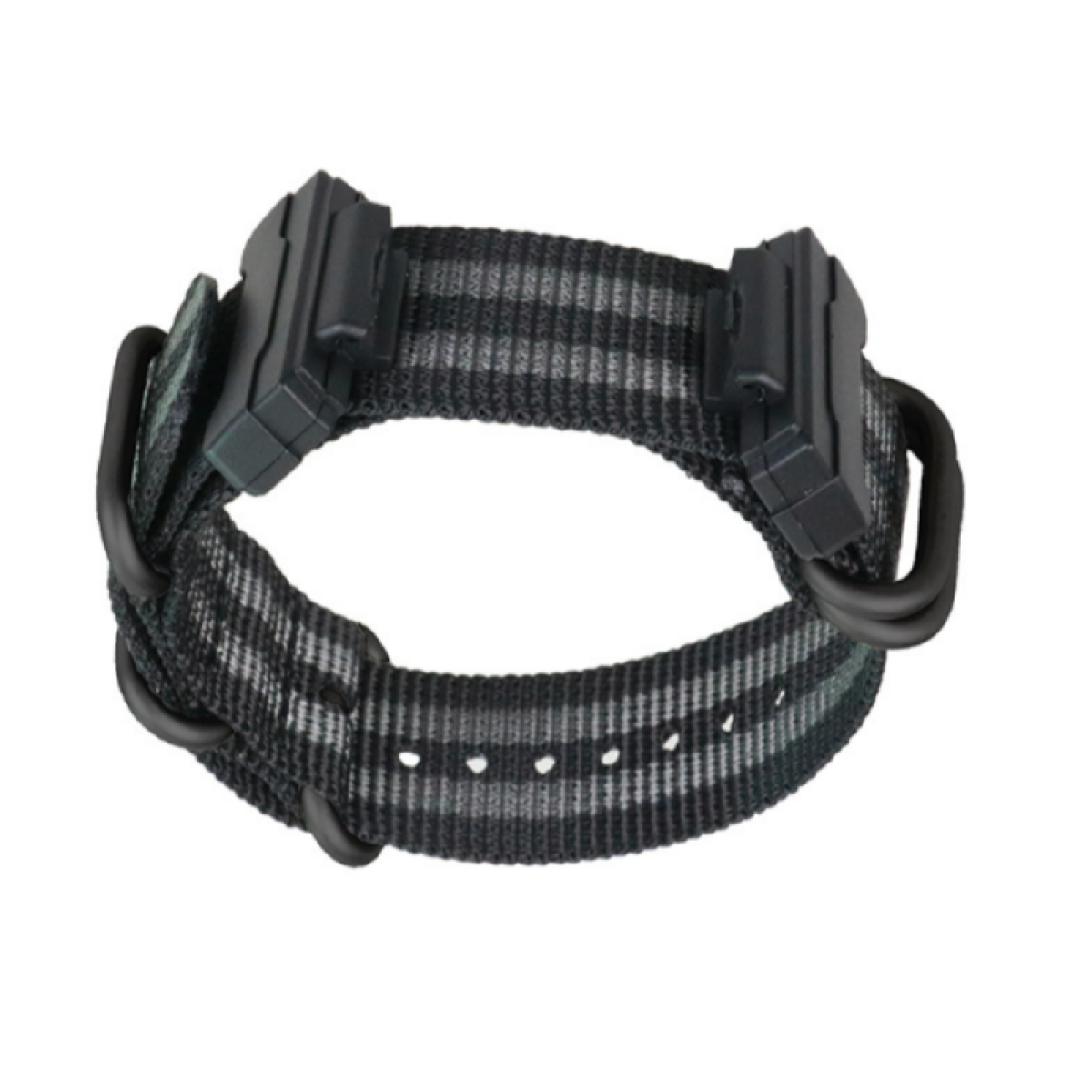 Ein schwarz-grau gestreiftes Armband mit zwei schwarzen Verschlüssen. Auf beiden Seiten befinden sich schwarze Schlaufen.
