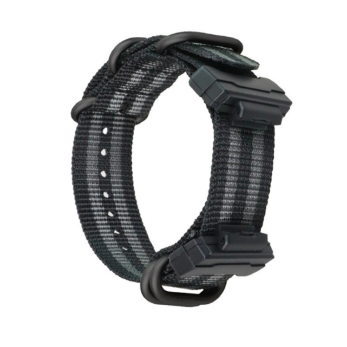 Schwarz-grau gestreiftes Uhrenarmband mit schwarzen Aufsätzen.