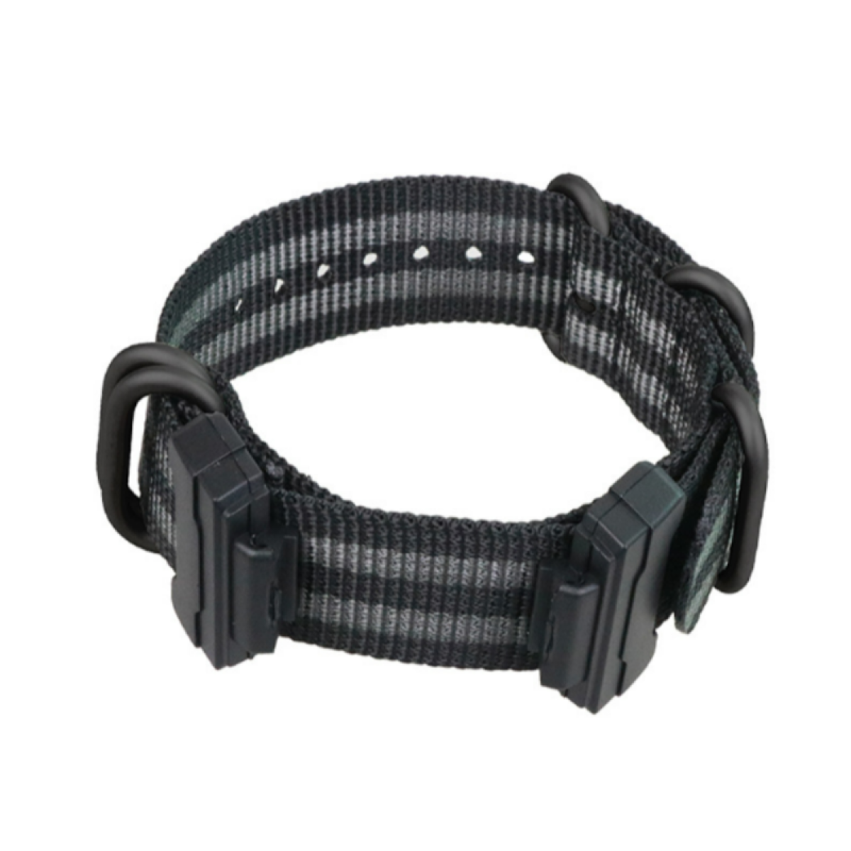 Ein schwarz-grau gestreiftes Armband mit schwarzen Verschlüssen.