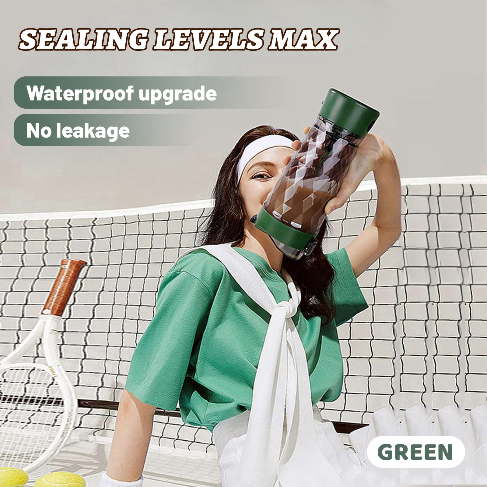 Frau hält grüne Wasserflasche. Text sagt 'Wasserdichtes Upgrade, kein Auslaufen'.