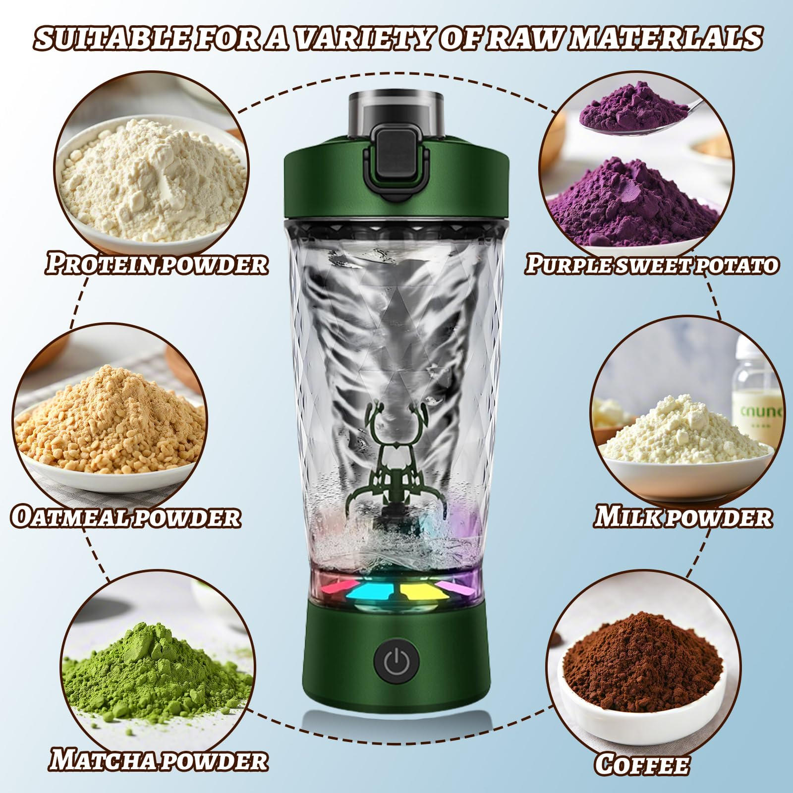 Eine grüne Shaker-Flasche mit verschiedenen Pulvern: Protein, Haferflocken, Matcha, Kaffee, Milch und lila Süßkartoffel.