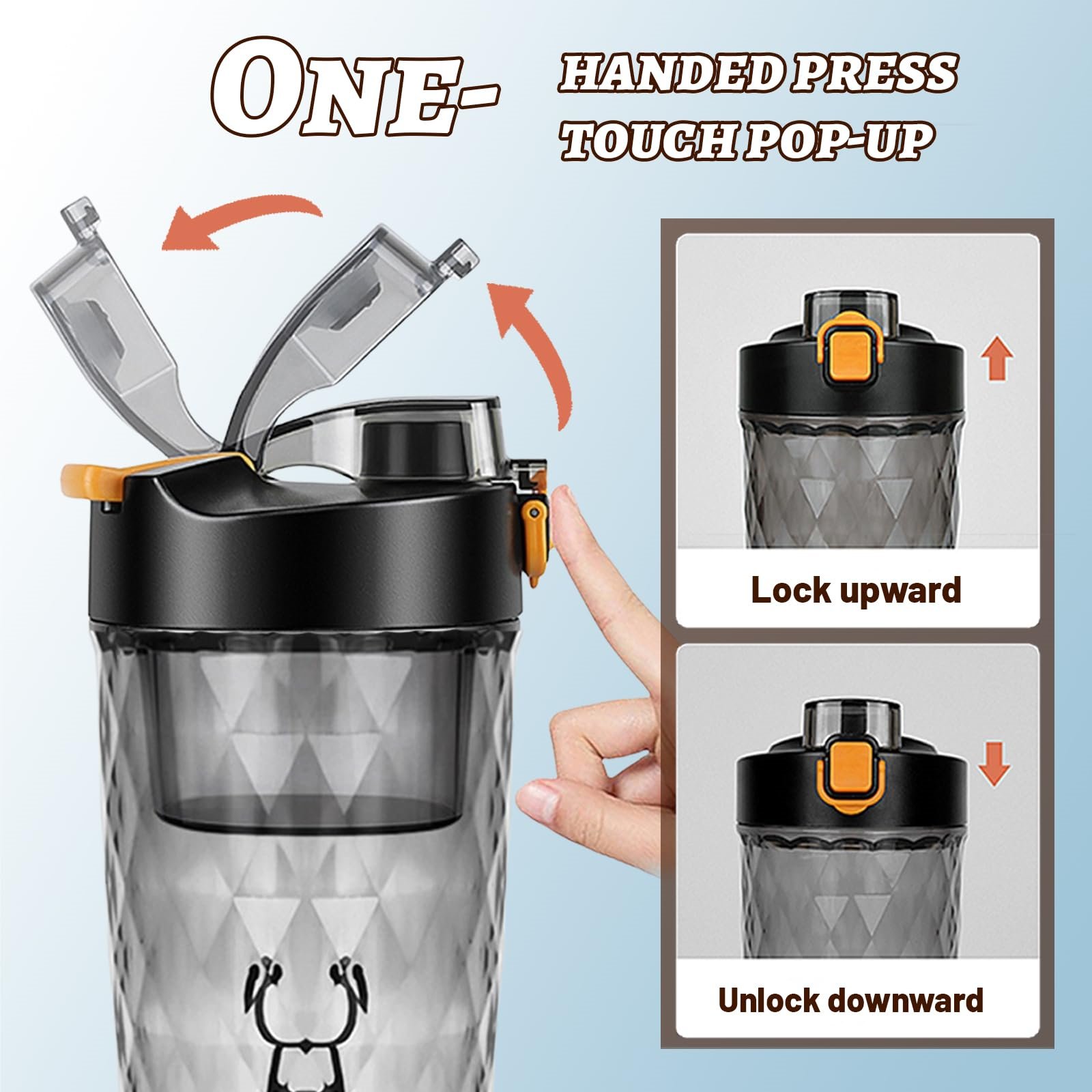 Eine Wasserflasche mit Aufklappdeckel. Sie wird beim Öffnen und Schließen gezeigt.