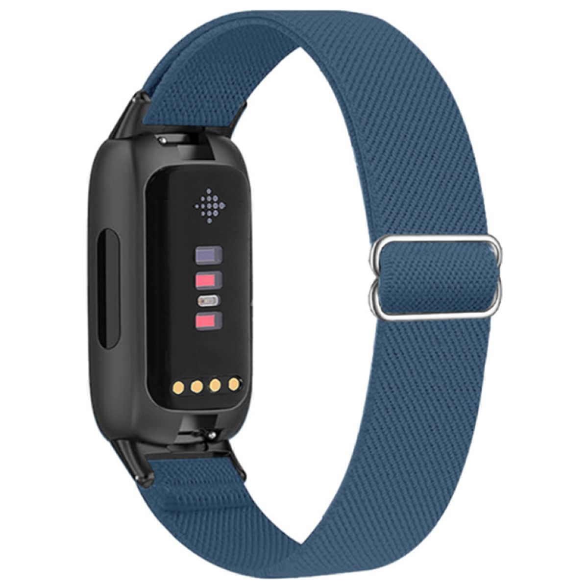Blauer Fitness-Tracker mit blauem Band. Schwarzer Tracker mit roten und gelben Lichtern.