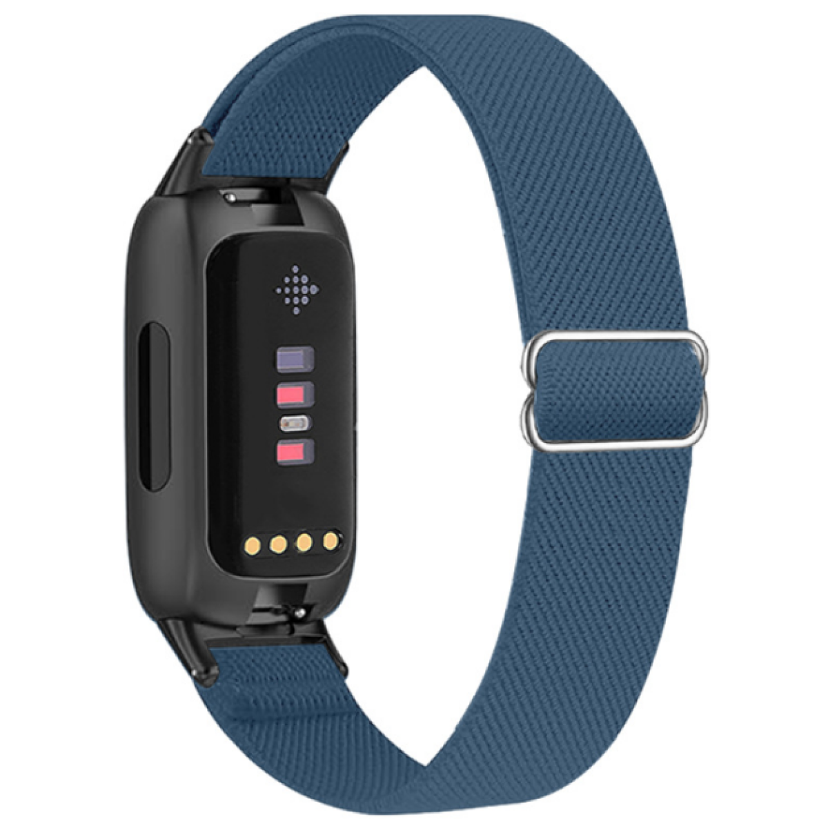 Ein blaues Smartwatch-Armband mit schwarzem Zifferblatt. Das Armband hat eine silberne Schnalle.