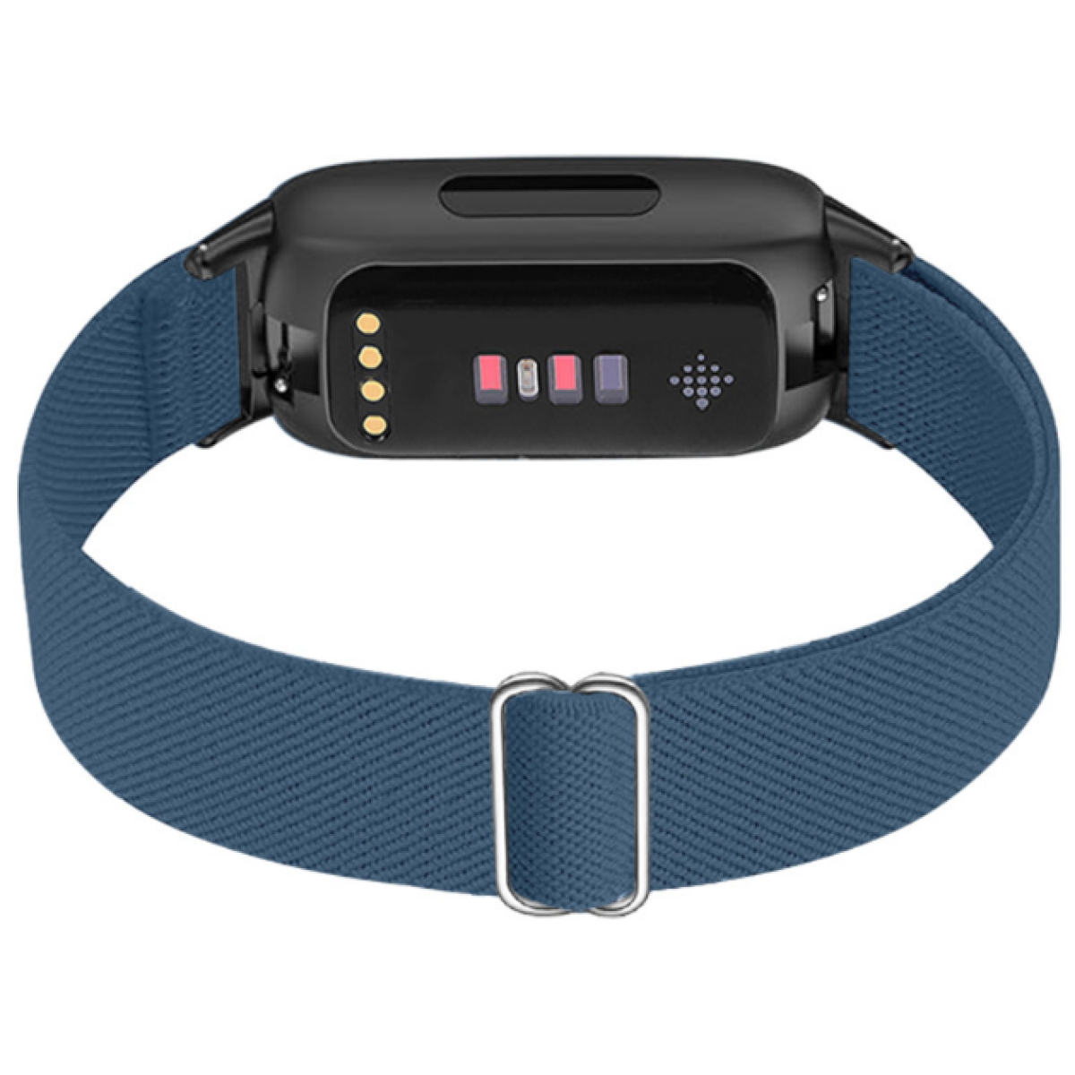 Ein schwarzer Fitnesstracker mit blauem Band wird vor weißem Hintergrund gezeigt. Das Band hat eine silberne Schnalle.