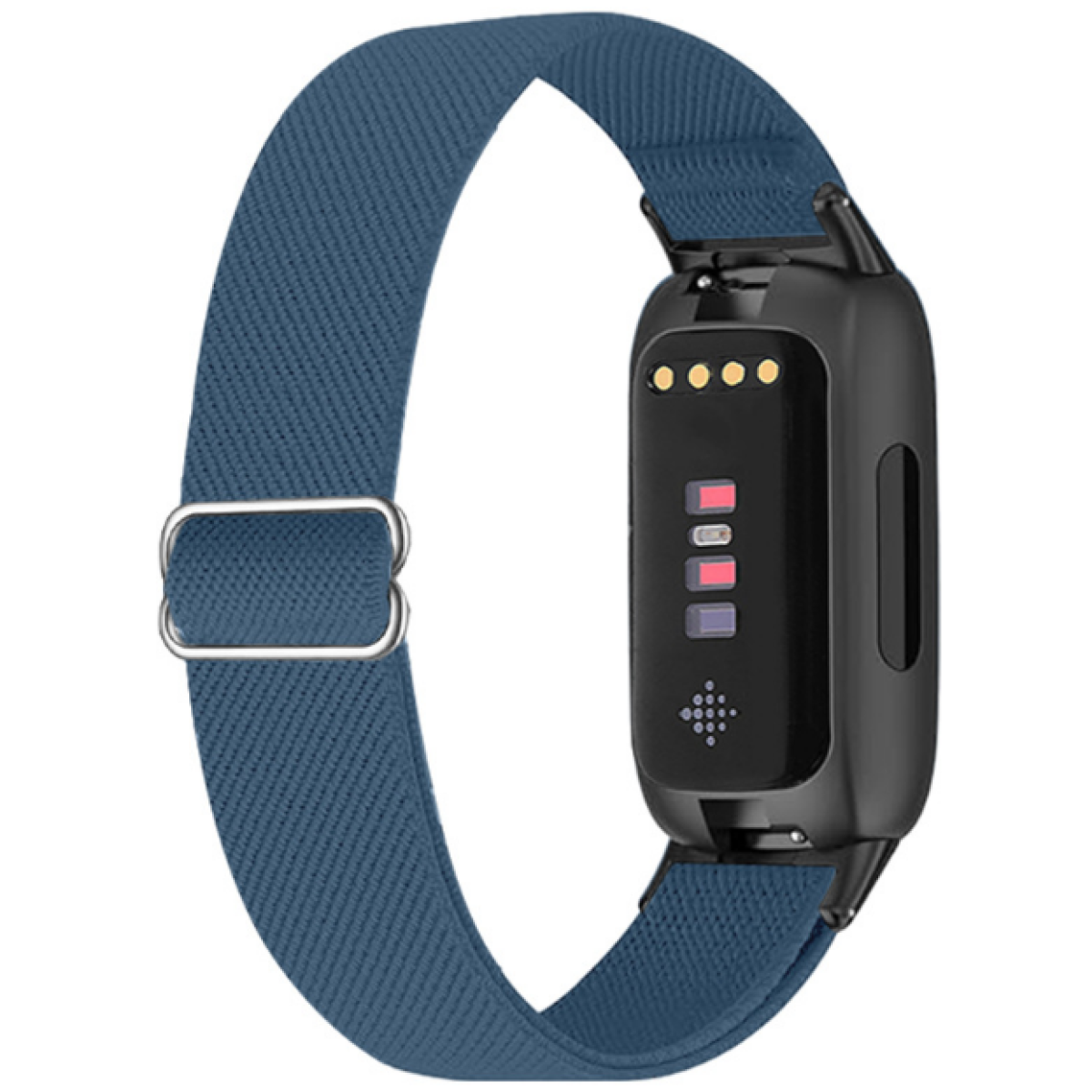 Ein dunkelblaues elastisches Band mit einem schwarzen Fitness-Tracker und einer silbernen Schnalle.