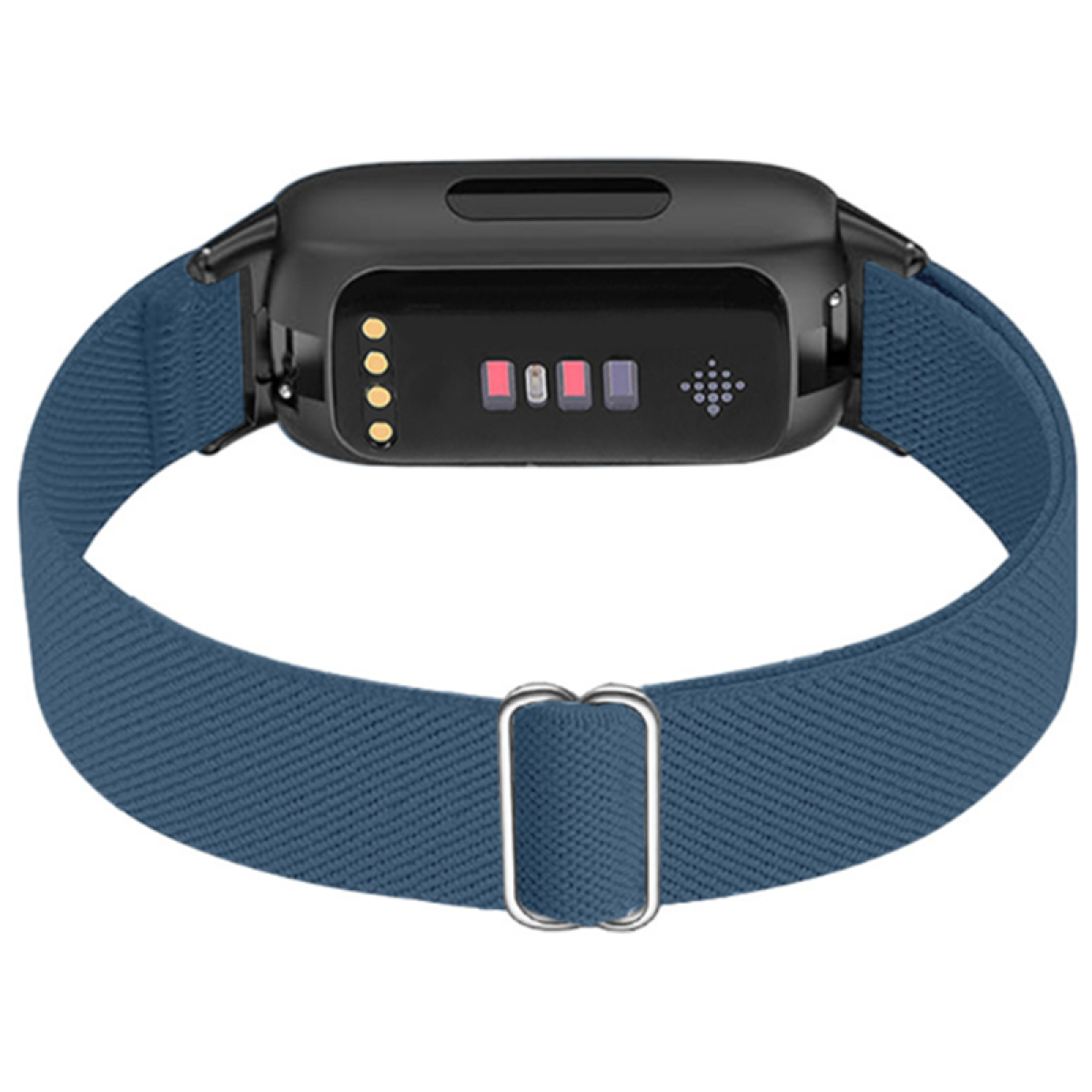 Schwarzer Fitnesstracker an blauem Armband. Zeigt einen Bildschirm mit Anzeige.