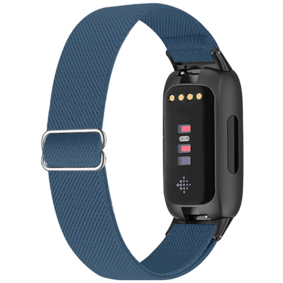 Blaue Fitness-Tracker-Uhr mit blauem Band und schwarzem Zifferblatt.