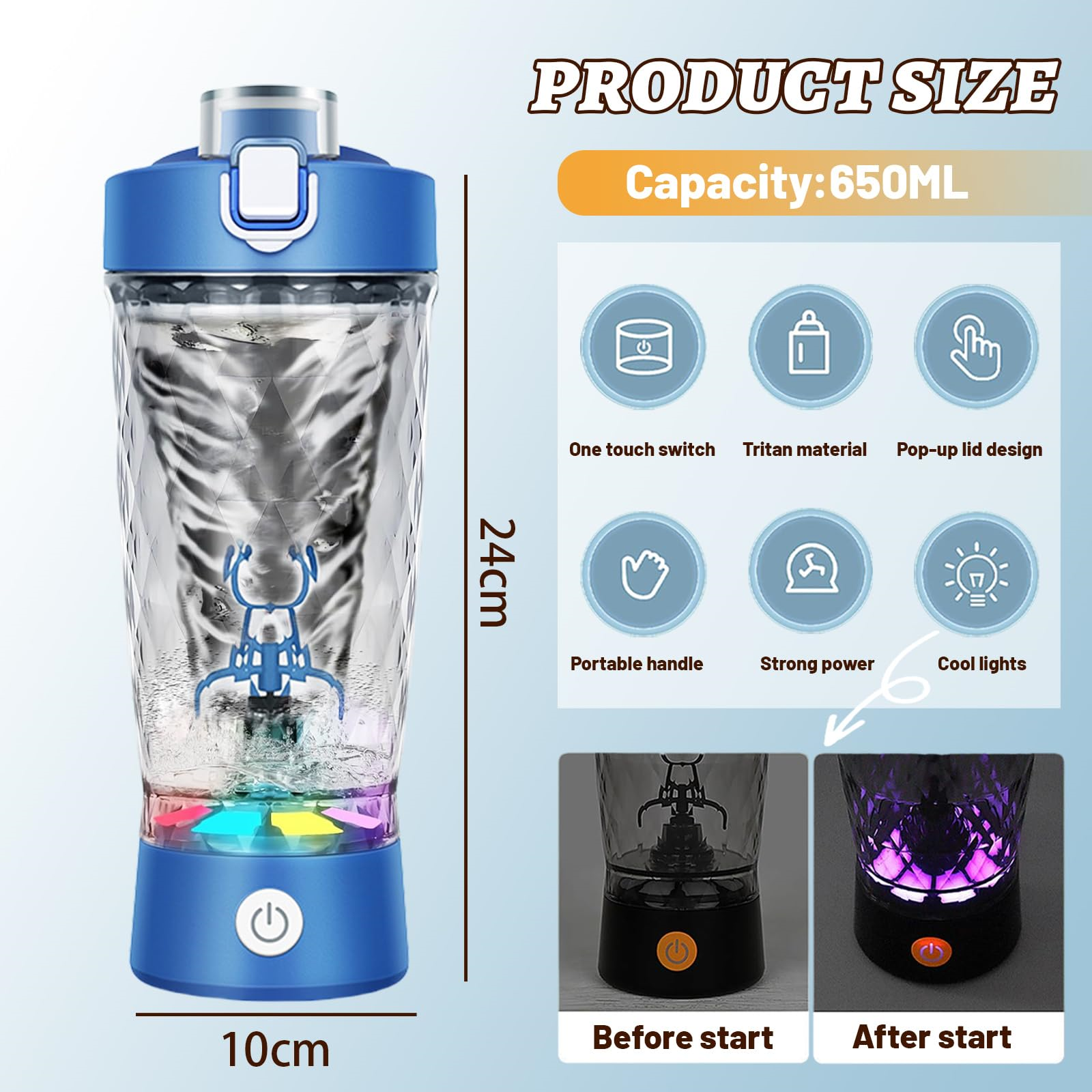 Blaue elektrische Shaker-Flasche mit Abmessungen. Merkmale: One-Touch-Schalter, Tritan-Material und coole Lichter.