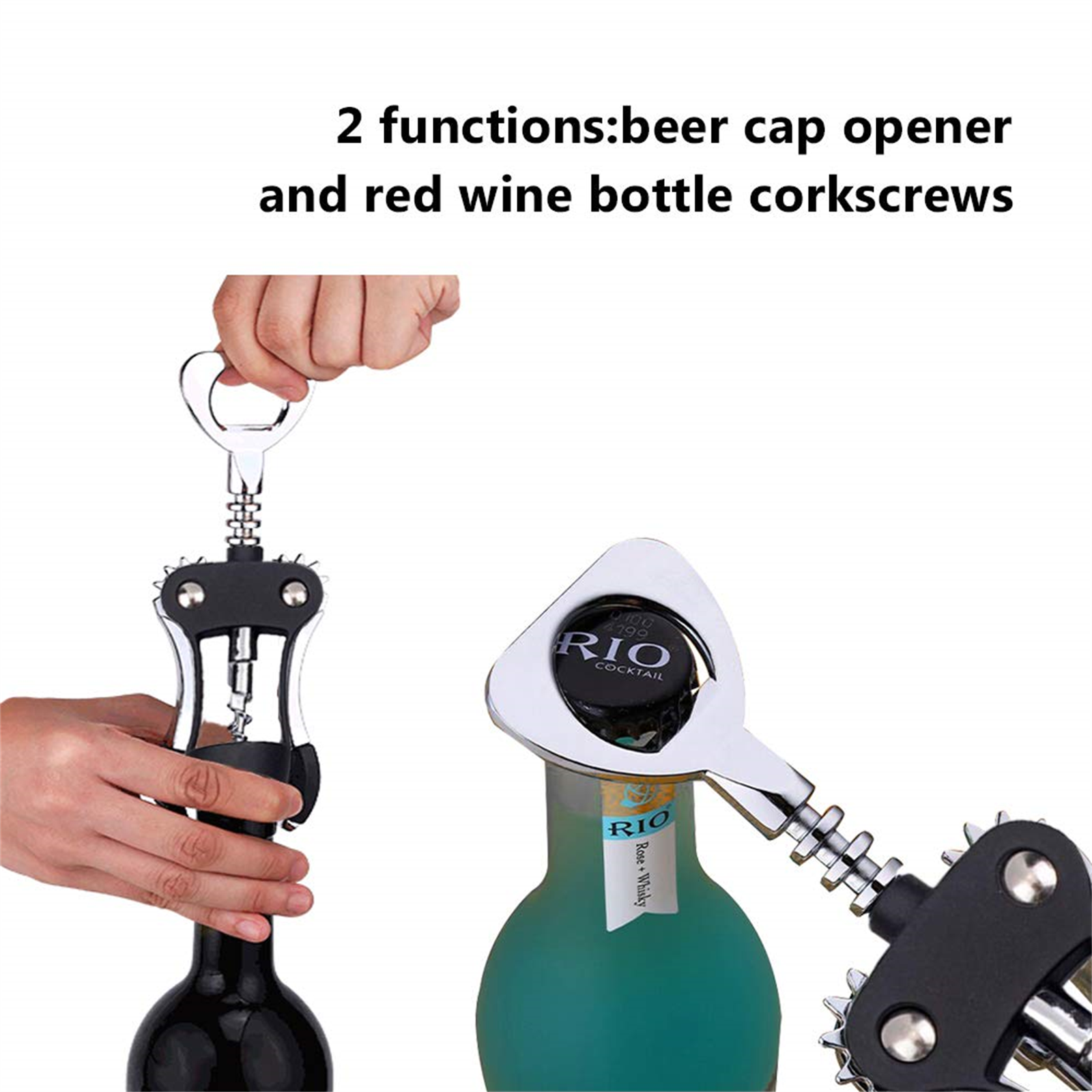 Weinflasche mit zwei Korkenziehern: einer zum Öffnen der Flasche und einer zum Entfernen des Korkens.