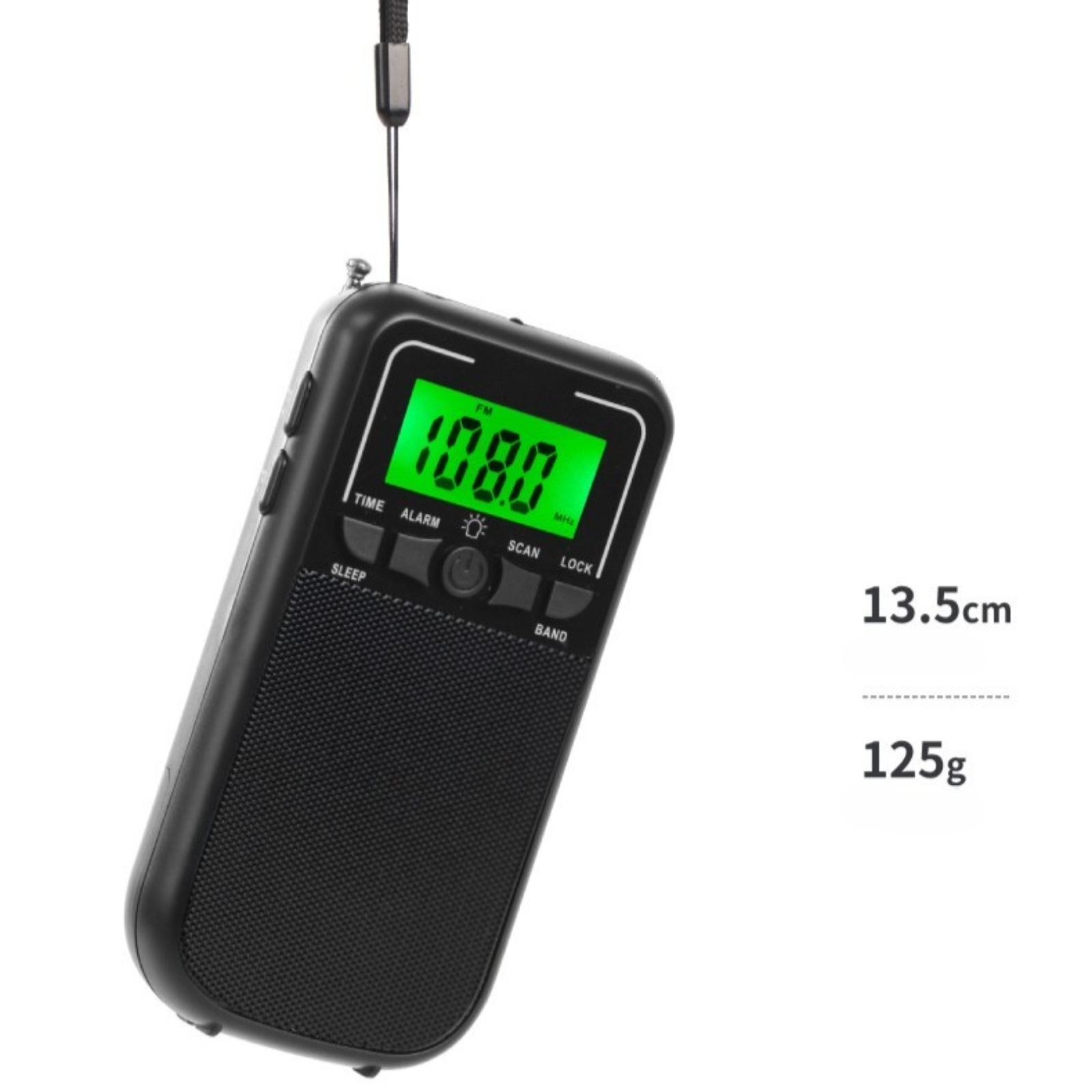Schwarzes tragbares Radio mit grünem Display mit 108,0 MHz, Größen- und Gewichtsangaben.