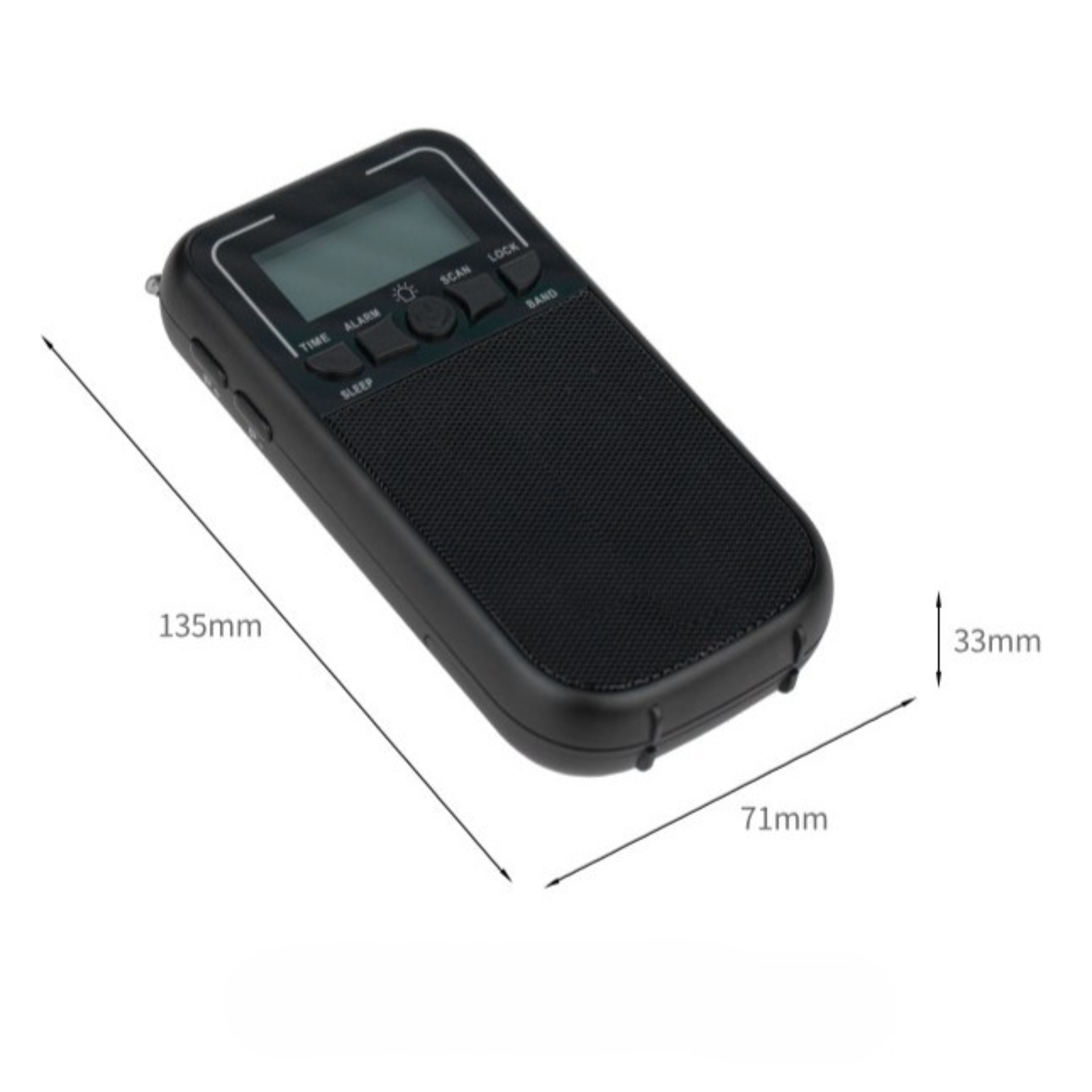 Schwarzes tragbares Radio mit Knöpfen und einem Bildschirm. Abmessungen sind 135x71x33mm. Weißer Hintergrund.