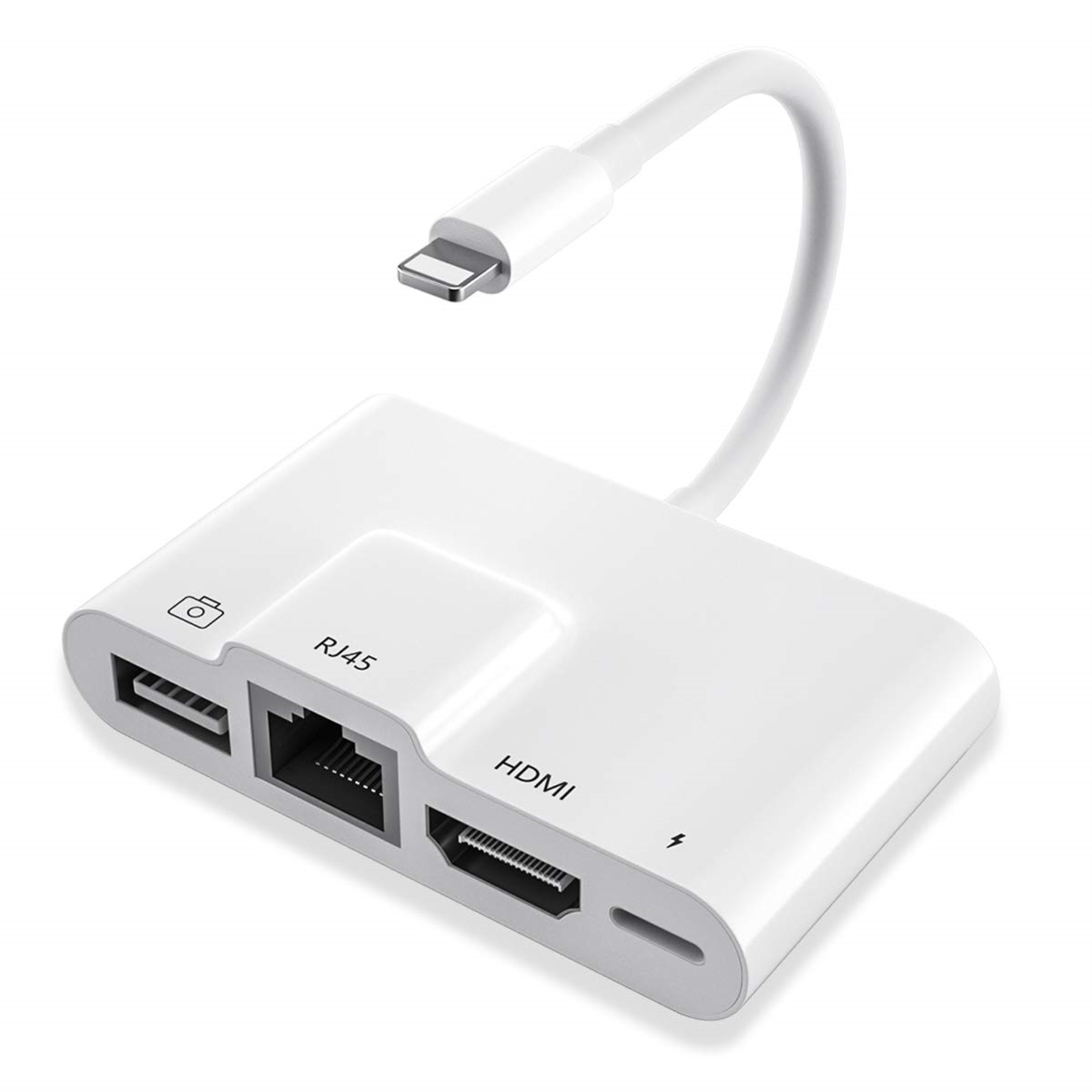 Weißer Adapter mit mehreren Anschlüssen. Lightning zu HDMI, USB und RJ45. Weißer Hintergrund.