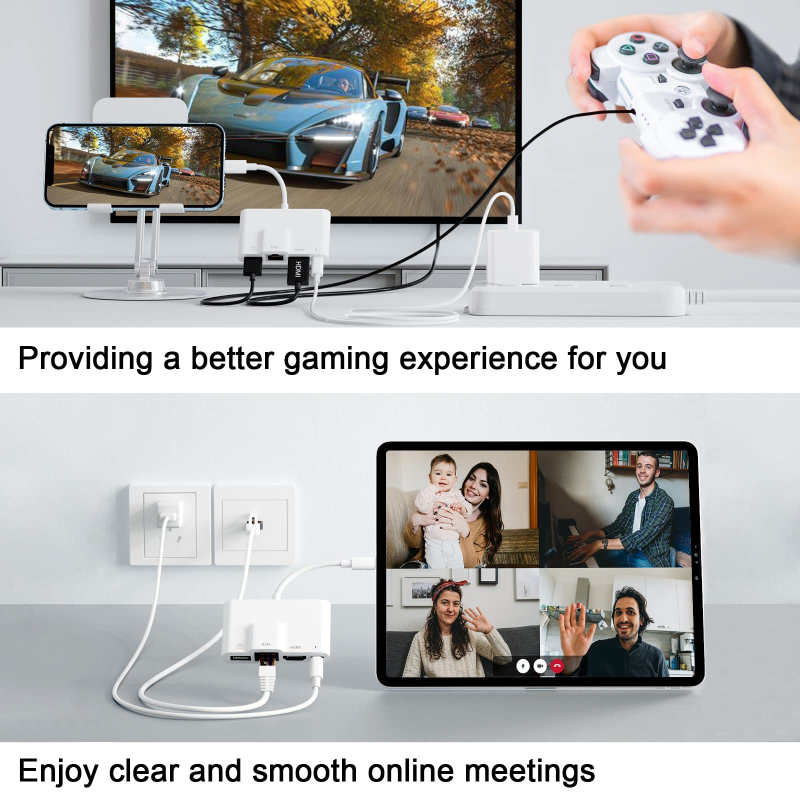 Zwei Szenen: Gaming-Setup mit Telefon und Videoanruf auf einem Tablet, weißer Hintergrund.