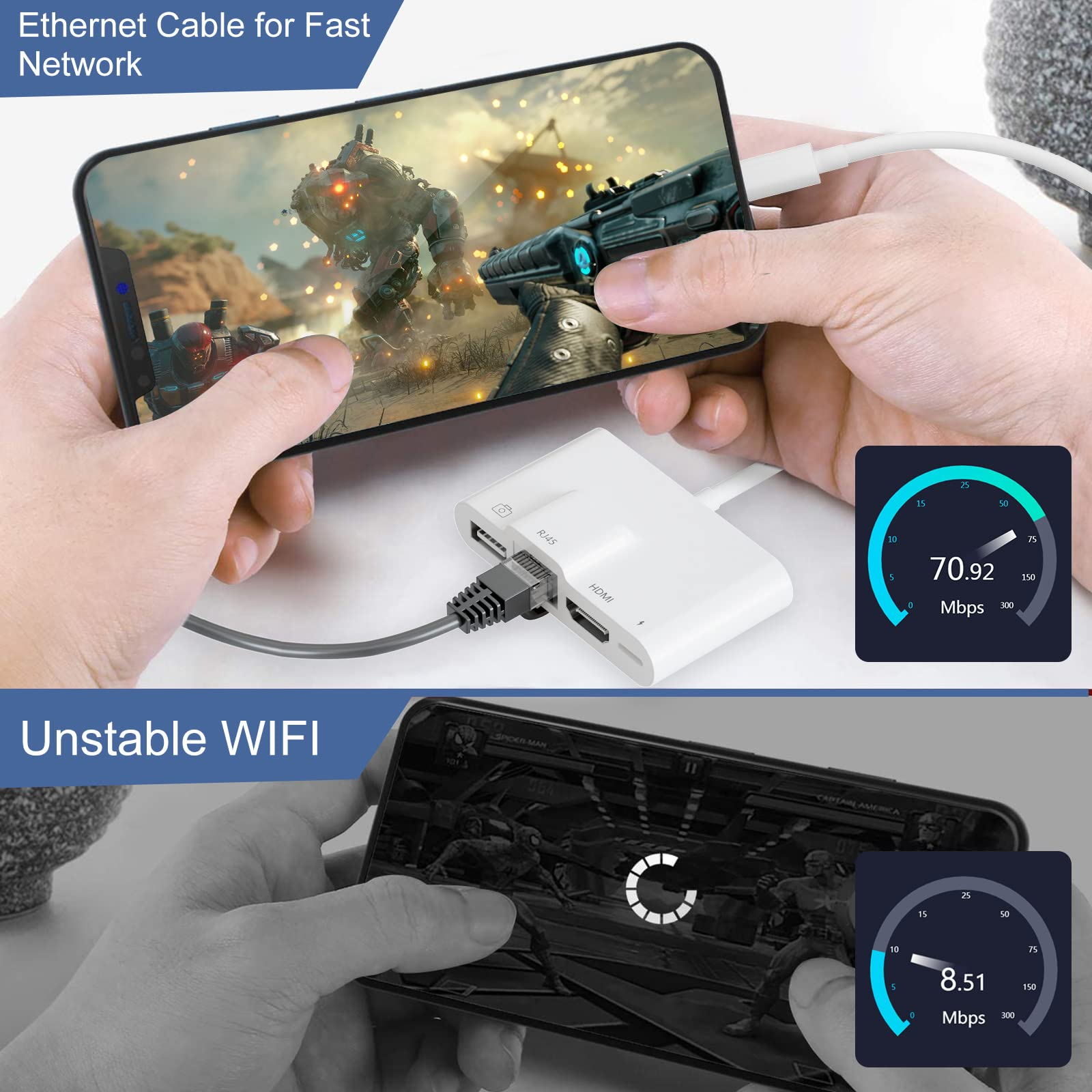 Hände halten ein Telefon, das mit einem Netzwerkadapter verbunden ist. Das Telefon zeigt ein Spiel.