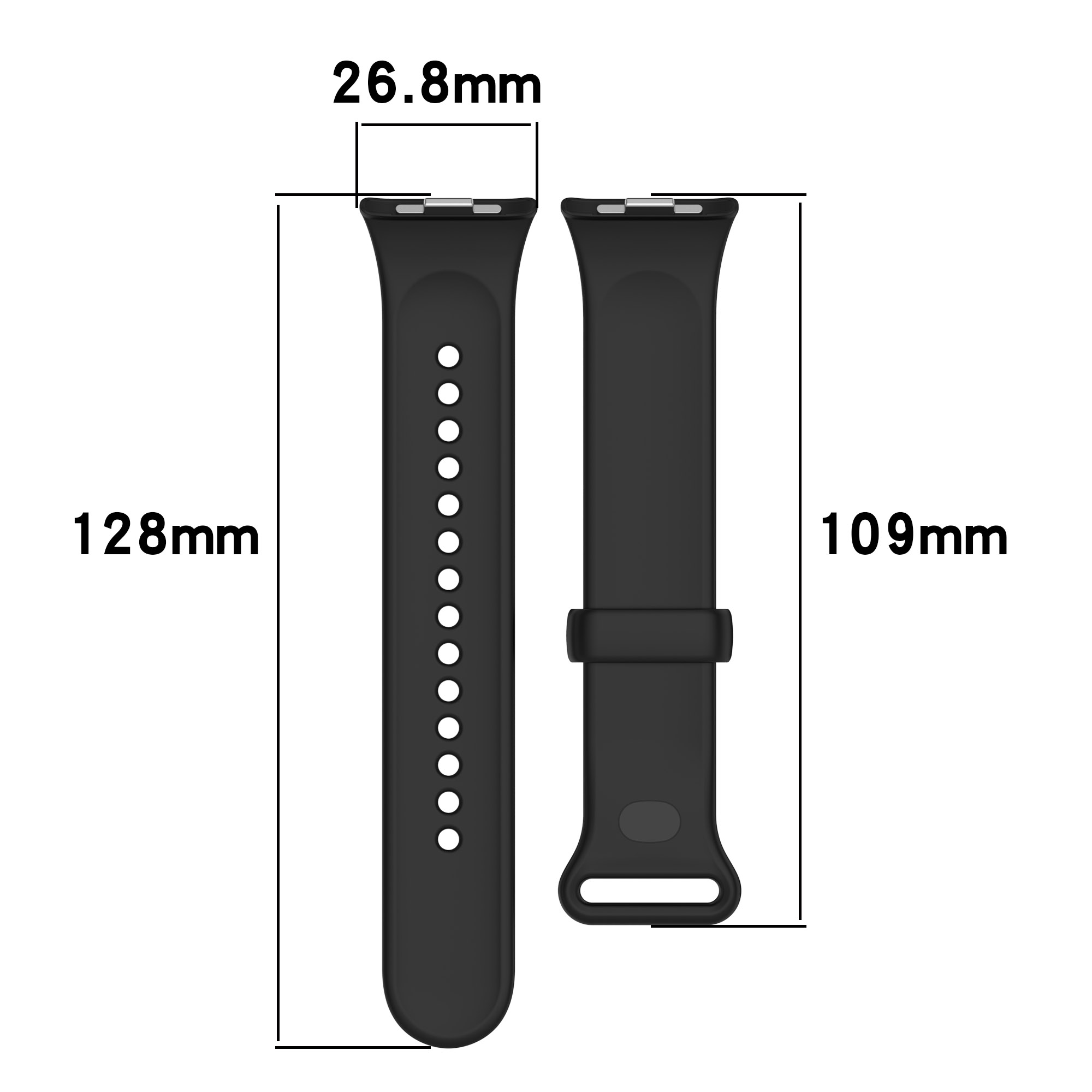 Zwei schwarze Uhrenarmbänder mit Längen- und Breitenmessungen für die Armbänder.
