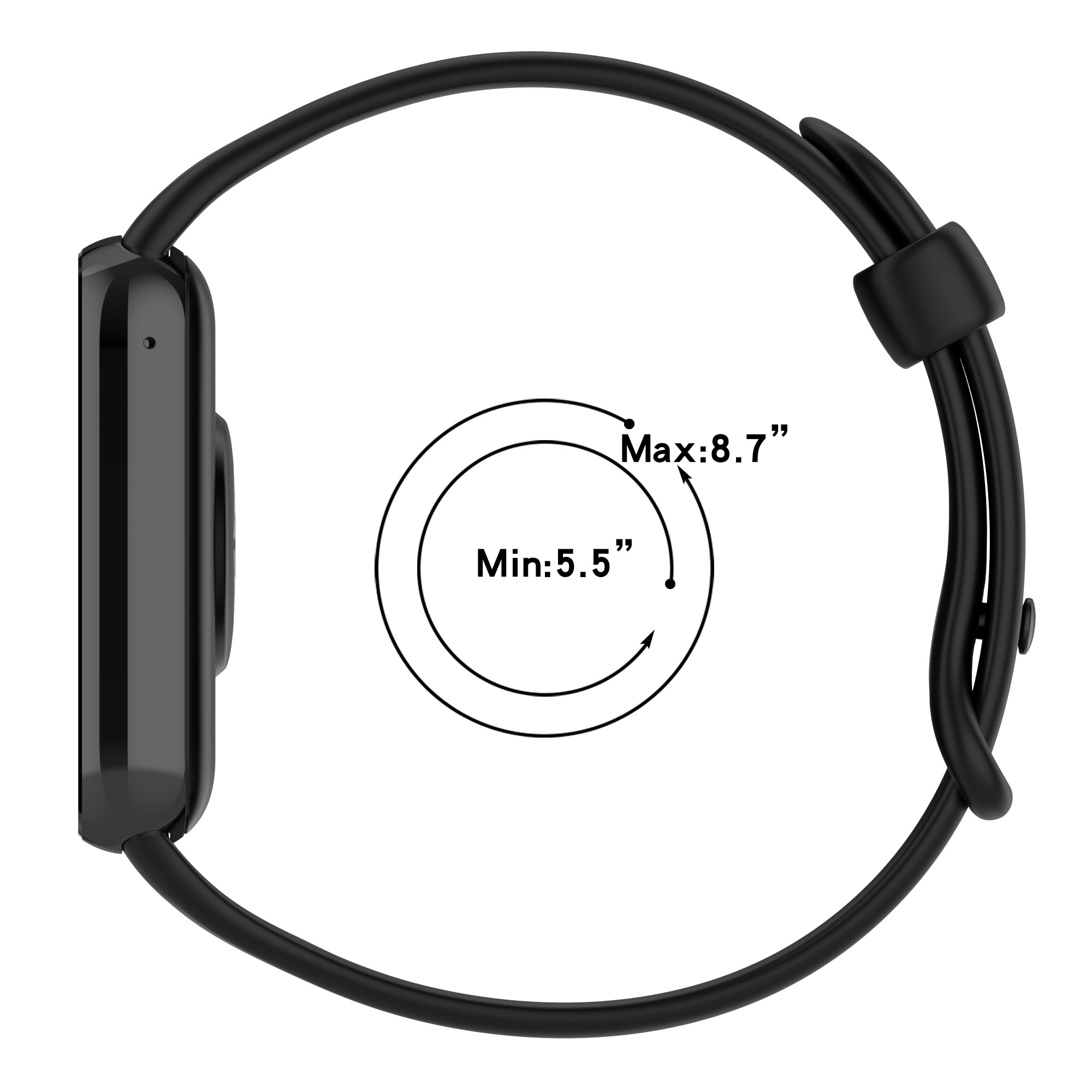 Schwarze Smartwatch mit Kreisbereich von 5,5 bis 8,7 Zoll. Von der Seite gesehen.