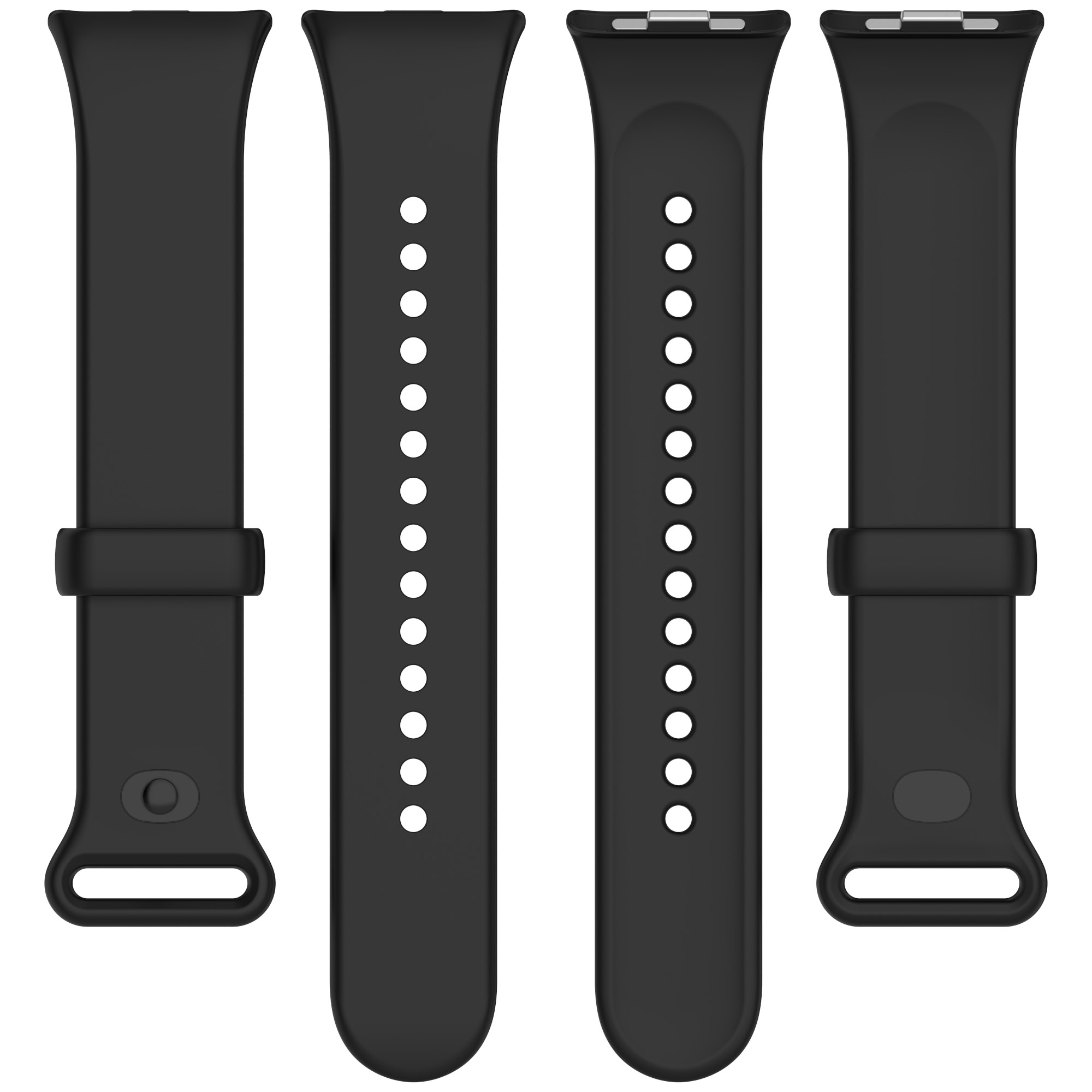 Vier schwarze Uhrenarmbänder mit unterschiedlichen Designs sind ausgelegt.