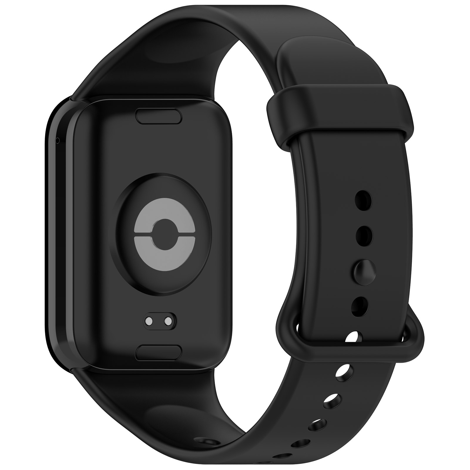 Eine schwarze Smartwatch mit schwarzem Armband, die Rückseite mit Sensor und Markenlogo zeigend.