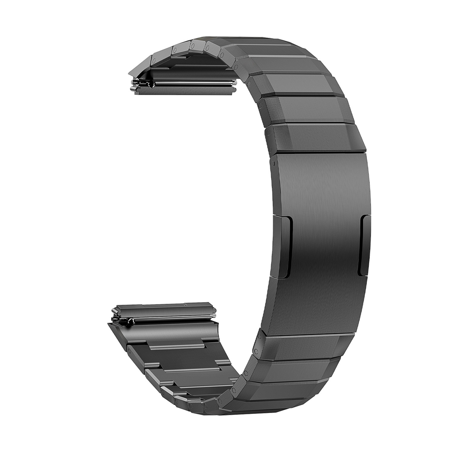 Schwarzes Metall-Uhrenarmband mit gebürsteter Oberfläche. Es ist ein segmentiertes, gebogenes Design.