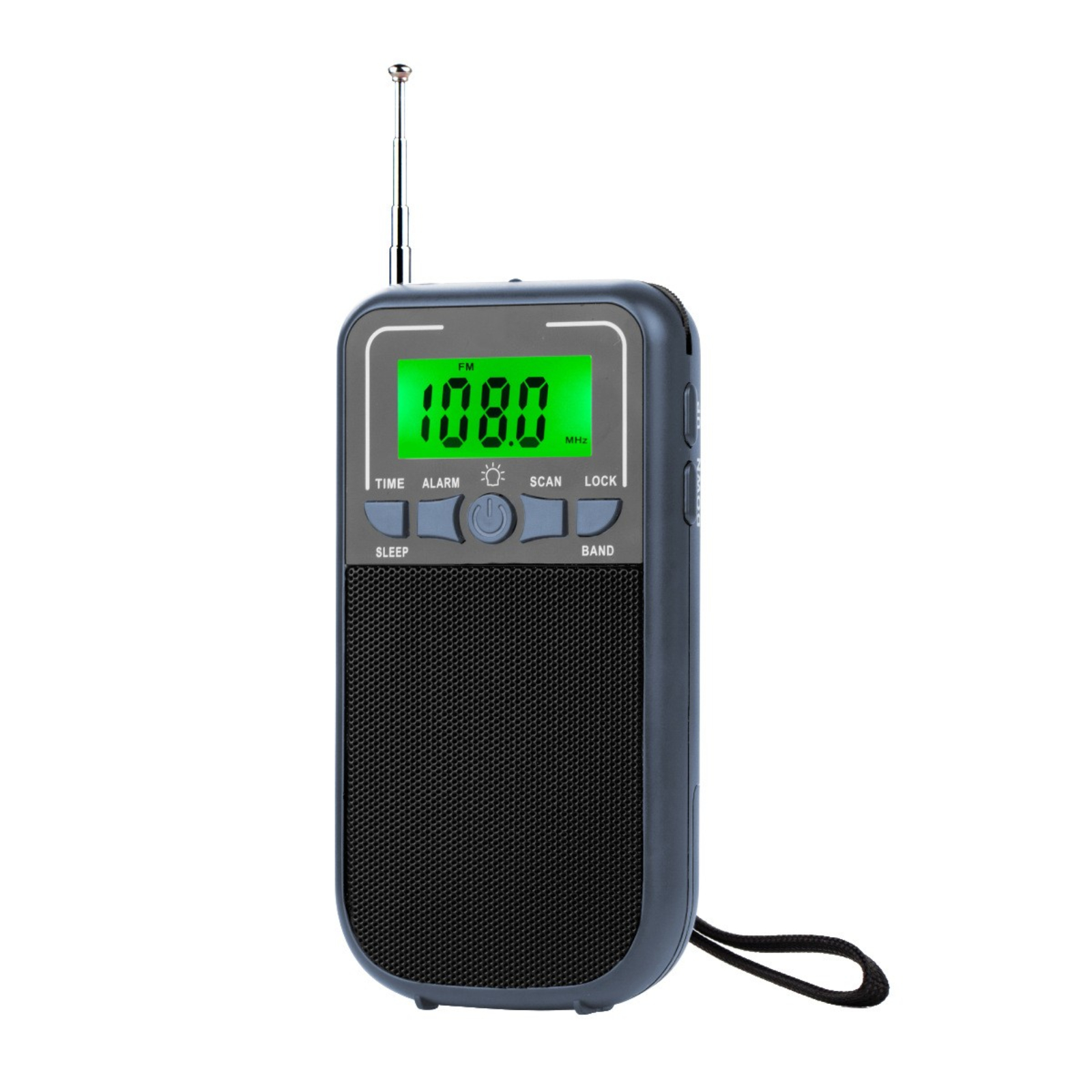 Kleines, schwarz-graues Radio mit grünem Display. Hat Knöpfe und ein Schlüsselband.