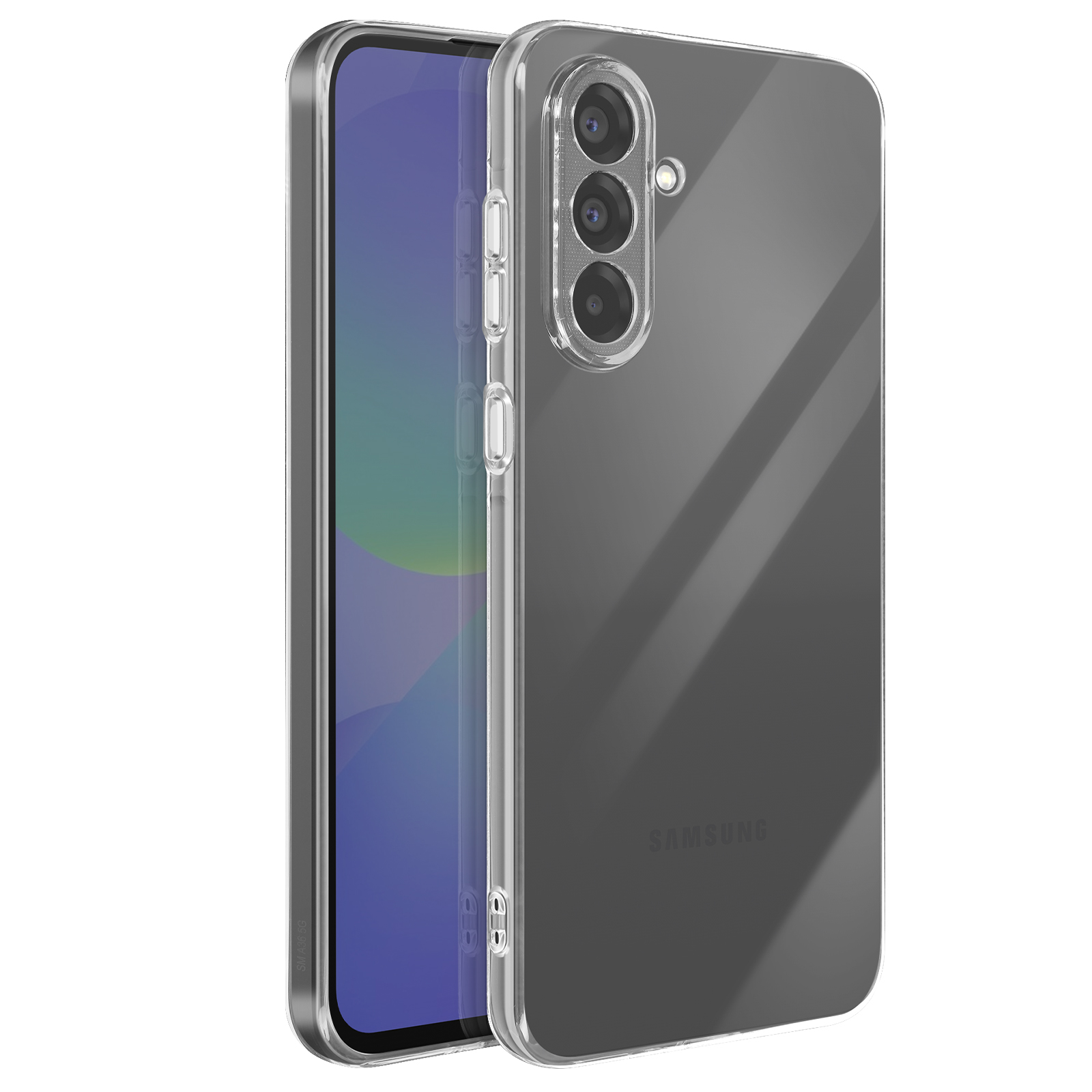 Transparante telefoonhoes over een telefoon met een blauwe achtergrond. Samsung-logo zichtbaar.