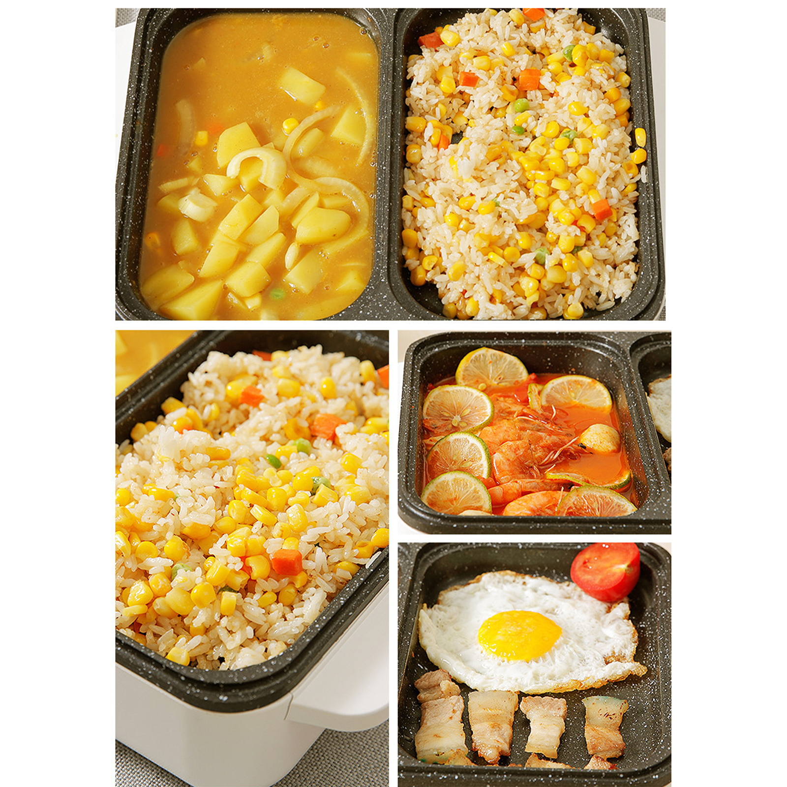 Tablett mit Curry, Maisreis, gebratenem Reis, Garnelen und Spiegelei mit Speck.