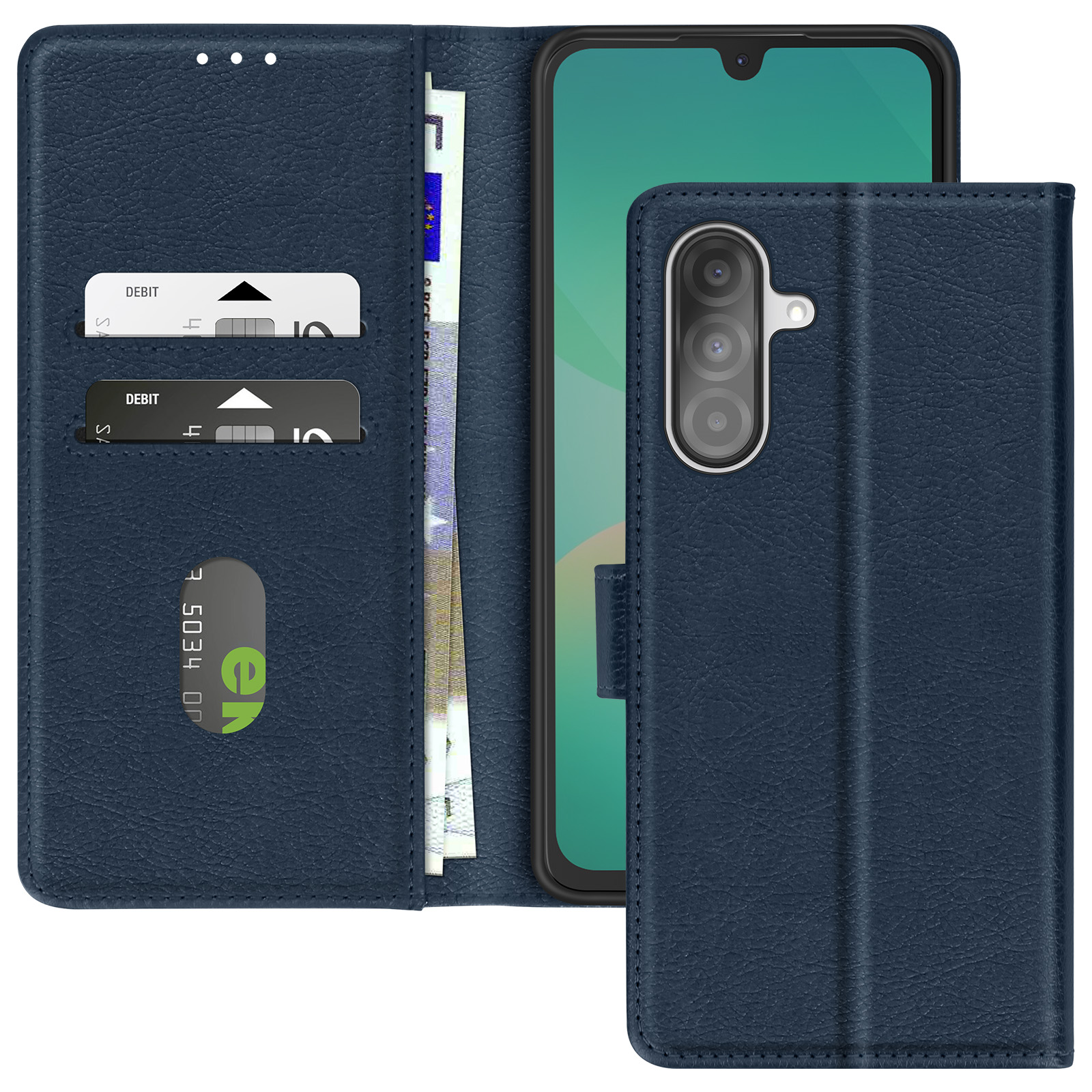 Custodia blu per telefono con fessure per carte. Denaro all'interno.