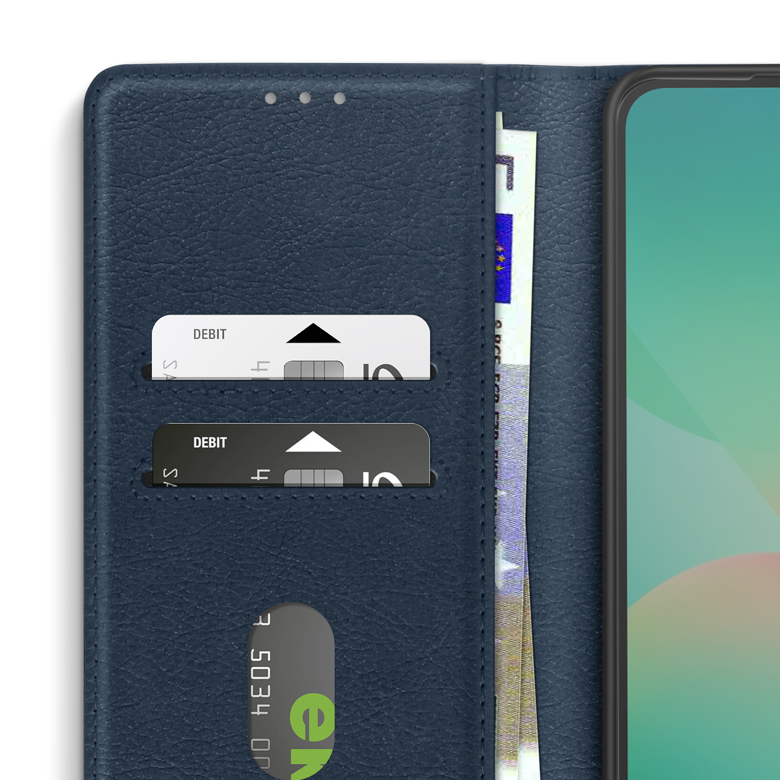 Custodia a portafoglio blu navy con carte di credito e banconote in euro visibili.