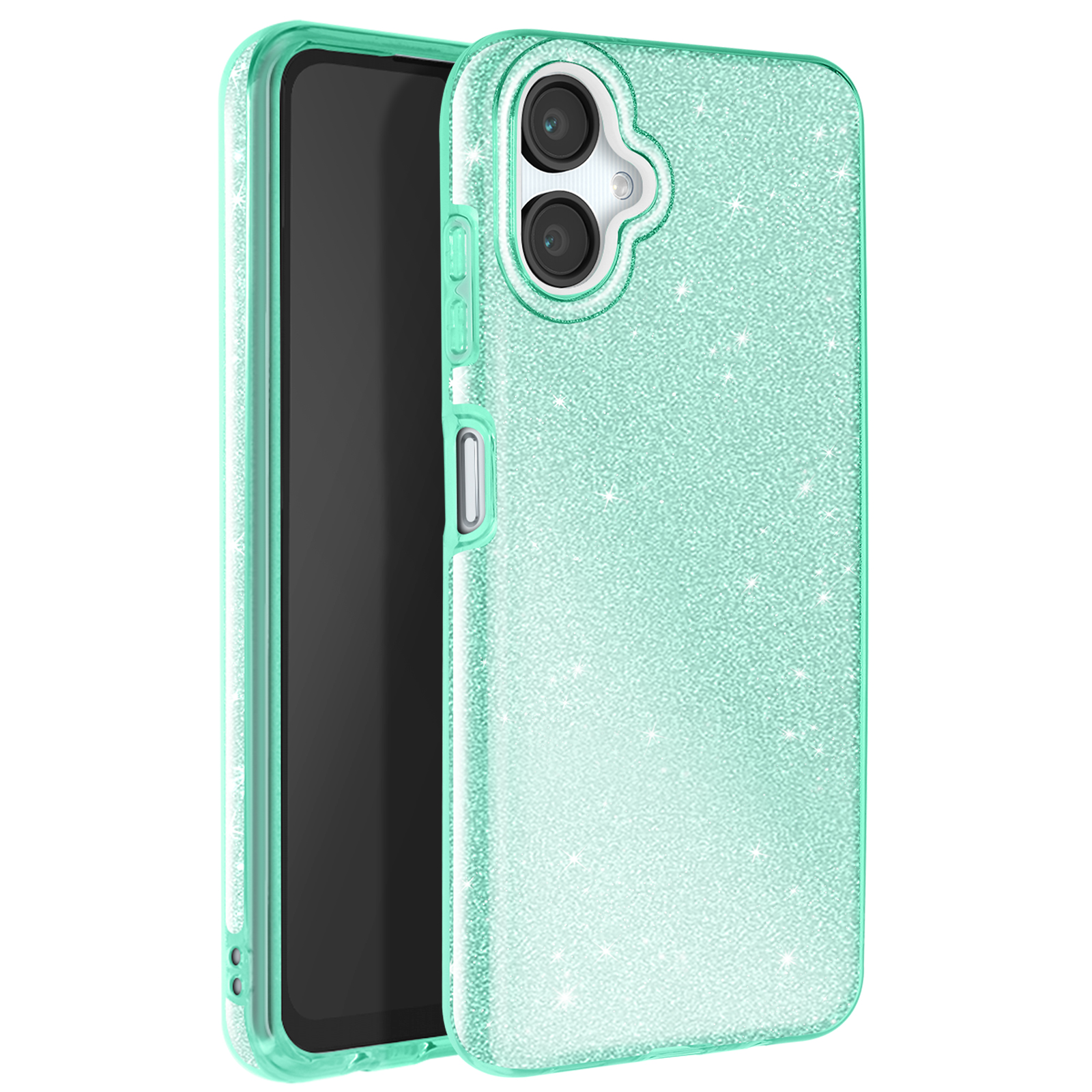Eine mintgrüne Handyhülle mit einem schwarzen Telefon darin. Die Hülle hat eine glitzernde Textur.