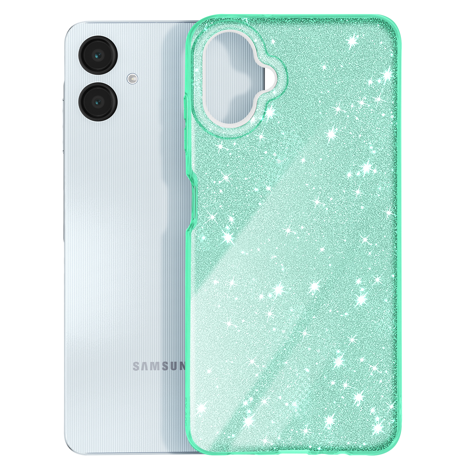 Minzgrüne Handyhülle mit Glitzer. Telefon links, Hülle rechts. Weißer Hintergrund.