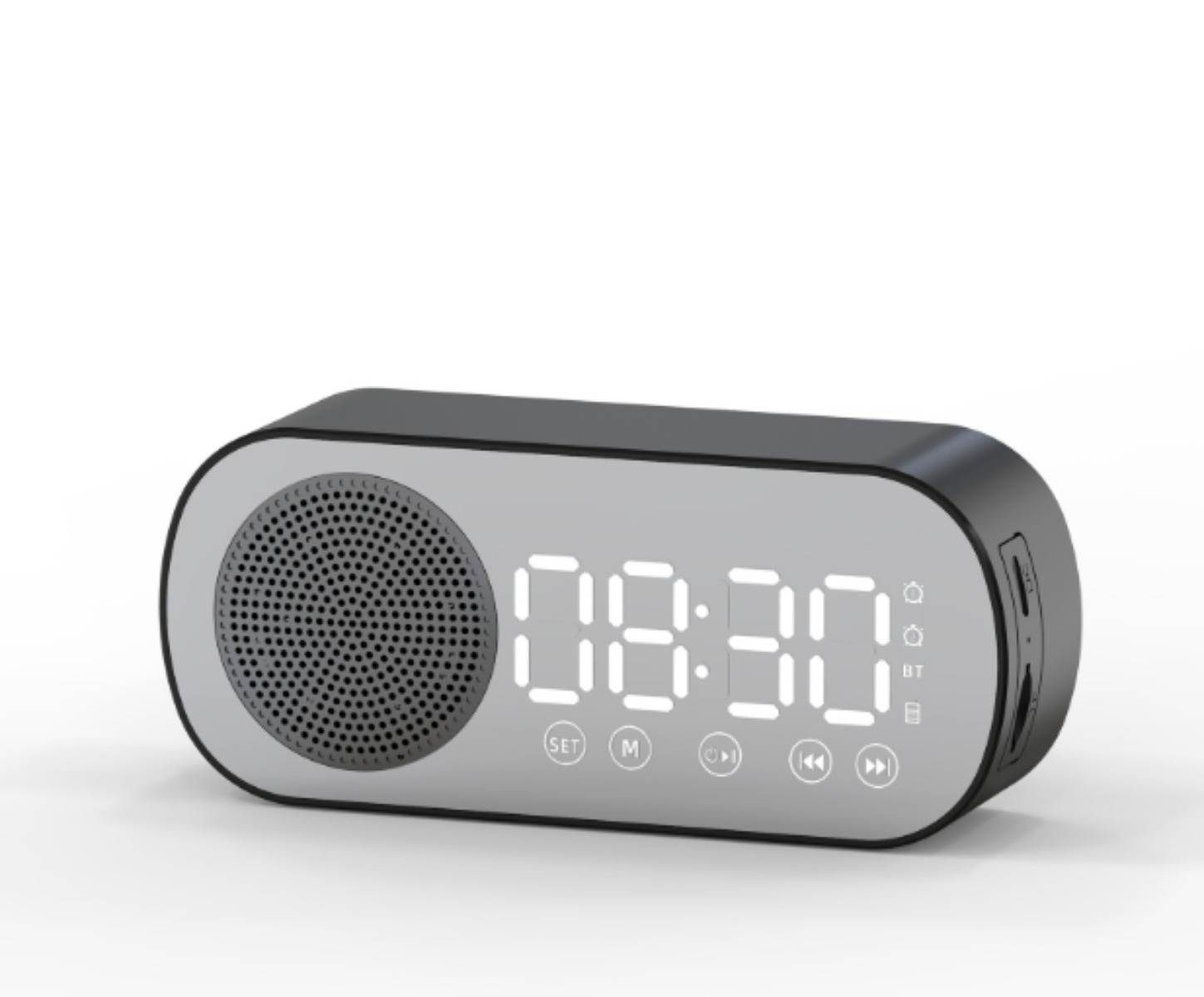 Ein schwarz-grauer digitaler Wecker mit der Anzeige 08:30. Es hat einen Lautsprecher.